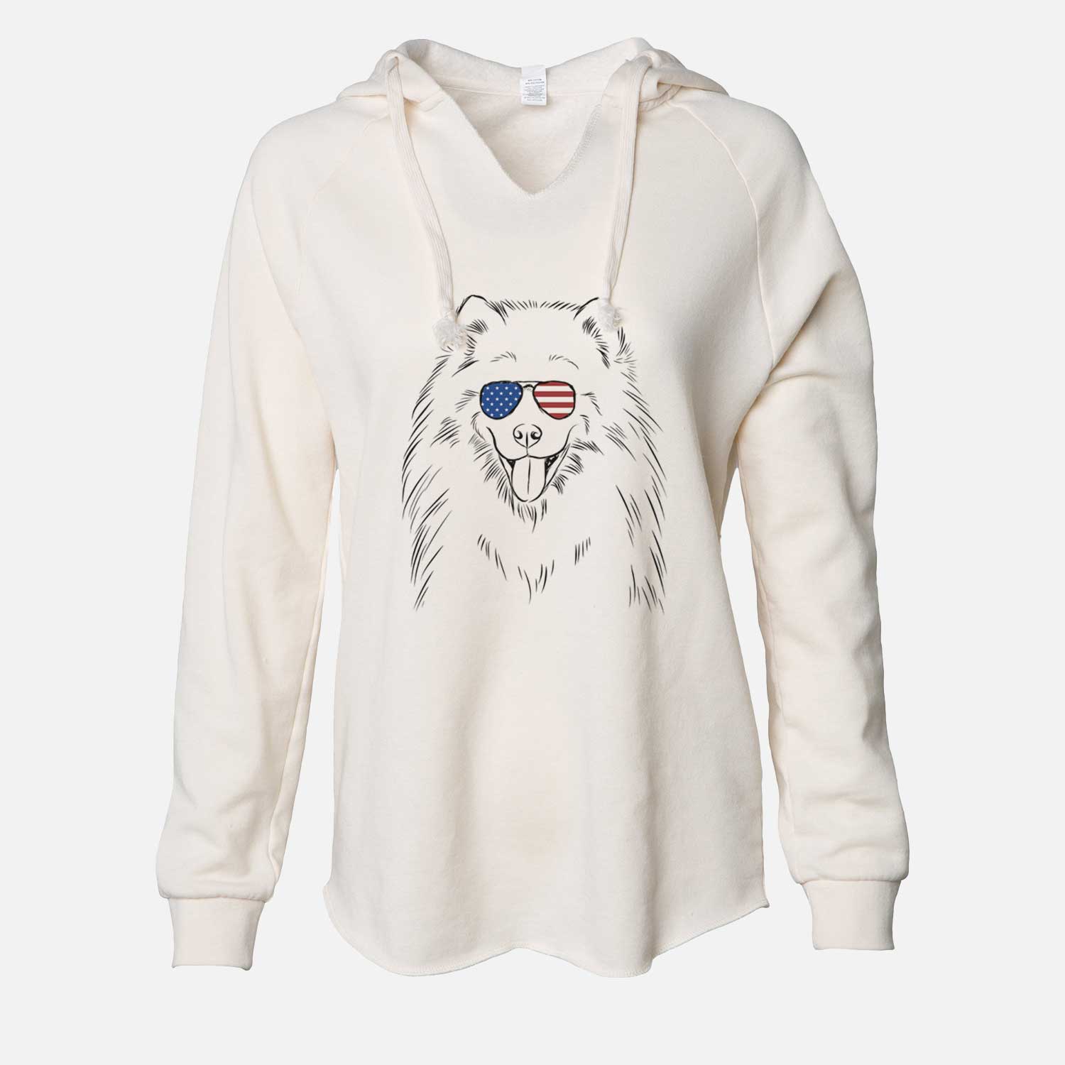 Hand-drawn sketch of Mikko the Samoyed wearing American flag sunglasses on a Bone Cali Wave Hooded Sweatshirt