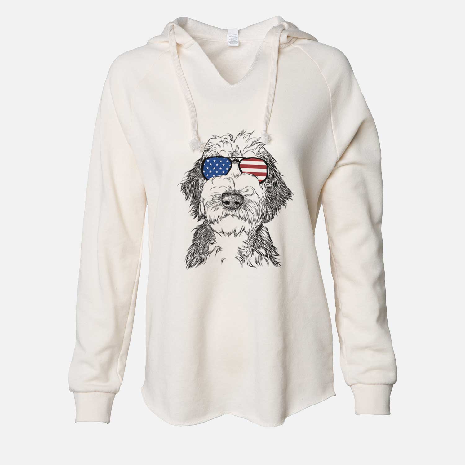 Hand-drawn sketch of Milo Fluff the Sheepadoodle wearing American flag sunglasses on a Bone Cali Wave Hooded Sweatshirt