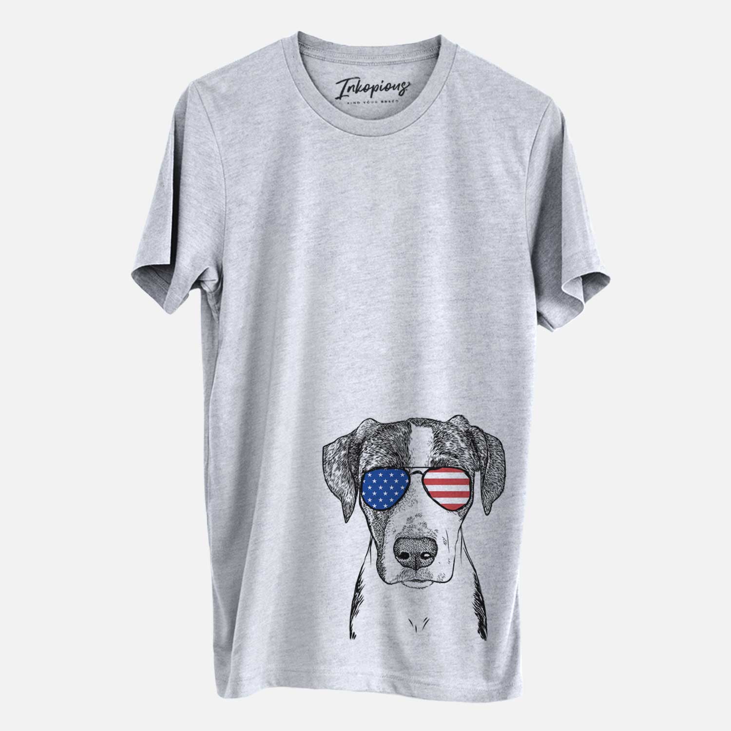 Hand-drawn sketch of Milo the Mixed Breed wearing American flag sunglasses on a Grey Unisex crewneck