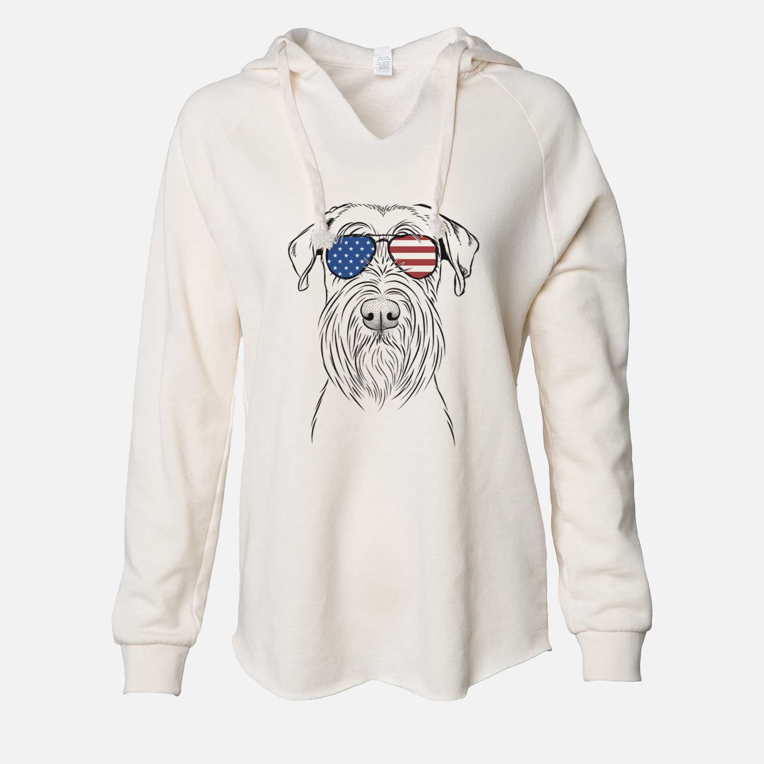 Hand-drawn sketch of Milton the Schnauzer wearing American flag sunglasses on a Bone Cali Wave Hooded Sweatshirt