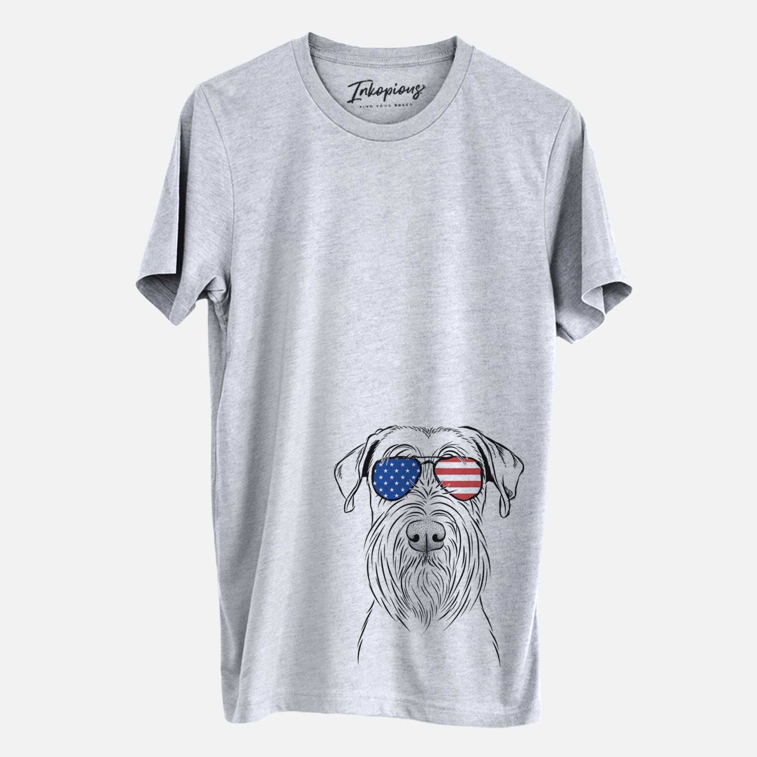 Hand-drawn sketch of Milton the Schnauzer wearing American flag sunglasses on a Grey Unisex crewneck