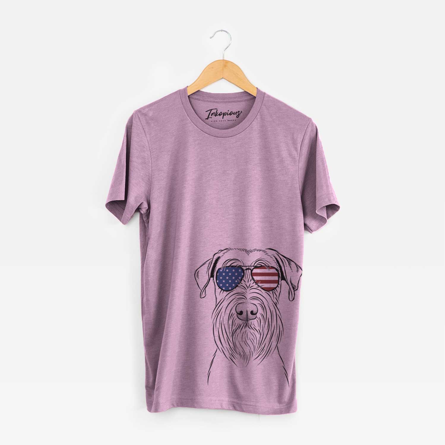 Hand-drawn sketch of Milton the Schnauzer wearing American flag sunglasses on an Orchid Unisex crewneck