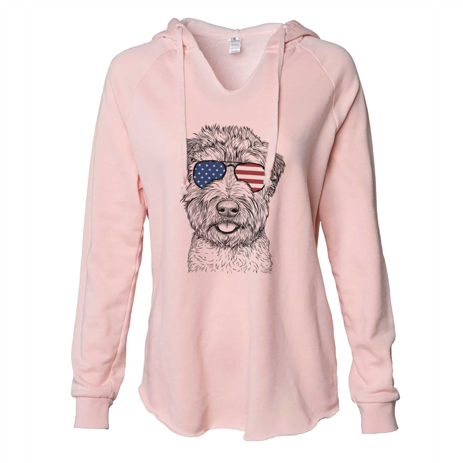 Hand-drawn sketch of Milton the Soft Coated Wheaten Terrier wearing American flag sunglasses on a Blush Cali Wave Hooded Sweatshirt