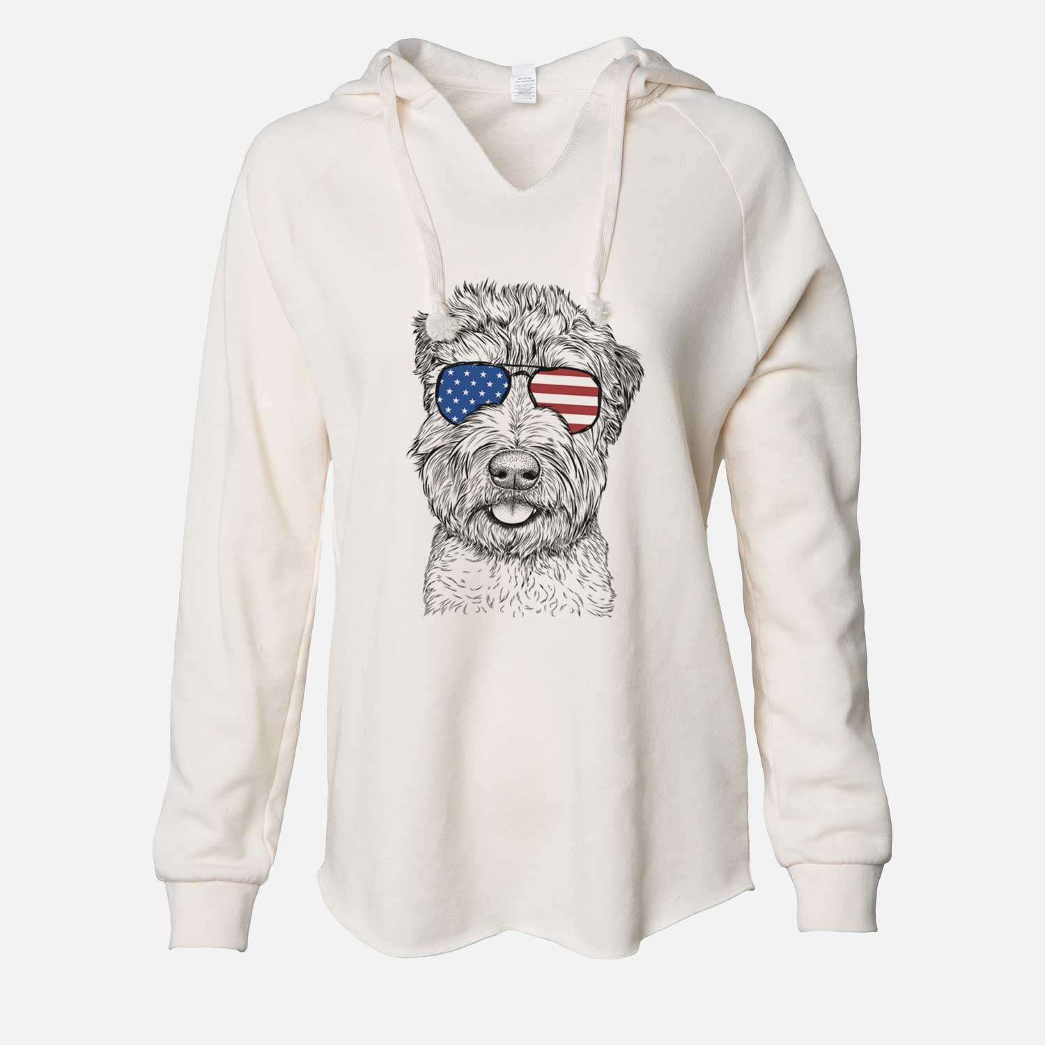 Hand-drawn sketch of Milton the Soft Coated Wheaten Terrier wearing American flag sunglasses on a Bone Cali Wave Hooded Sweatshirt