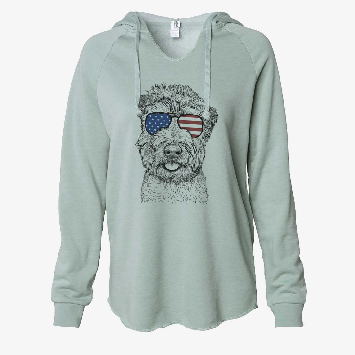 Hand-drawn sketch of Milton the Soft Coated Wheaten Terrier wearing American flag sunglasses on a Sage Cali Wave Hooded Sweatshirt
