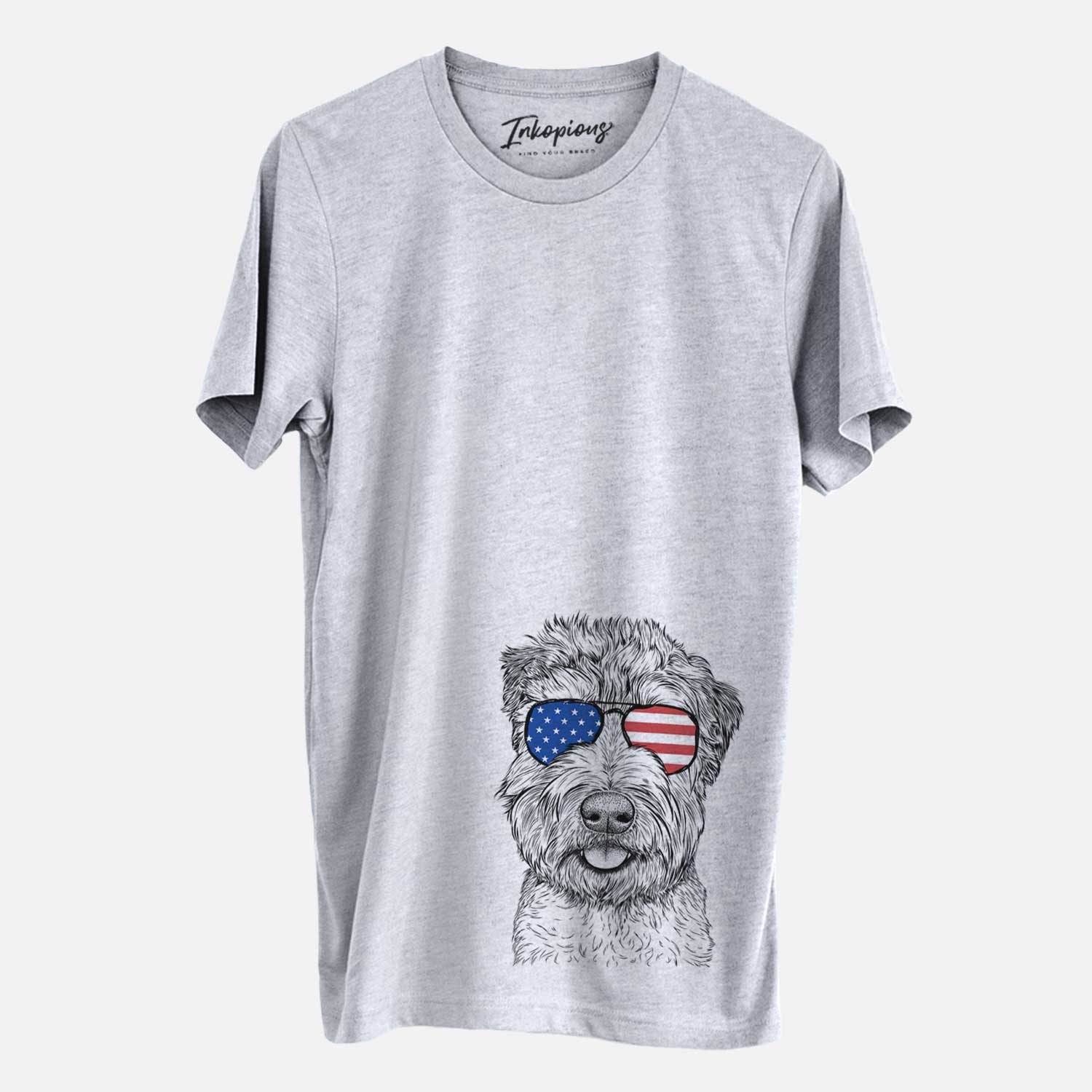 Hand-drawn sketch of Milton the Soft Coated Wheaten Terrier wearing American flag sunglasses on a Grey Unisex crewneck