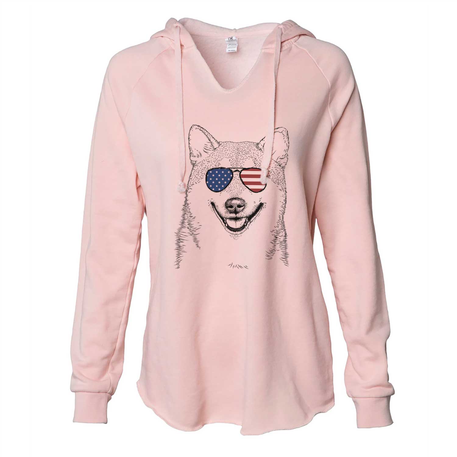Hand-drawn sketch of Mitsu the Shiba Inu wearing American flag sunglasses on a Blush Cali Wave Hooded Sweatshirt