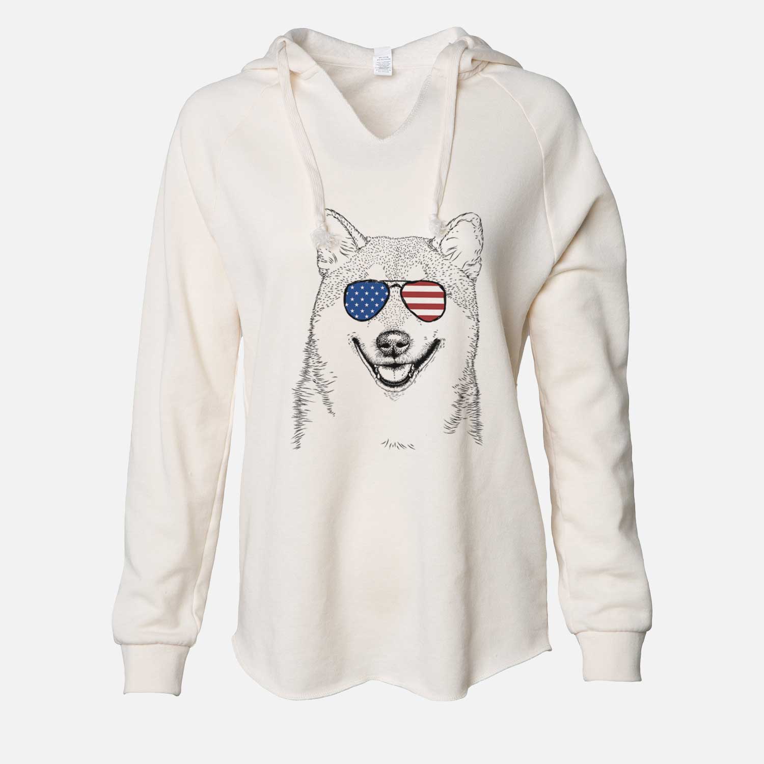 Hand-drawn sketch of Mitsu the Shiba Inu wearing American flag sunglasses on a Bone Cali Wave Hooded Sweatshirt