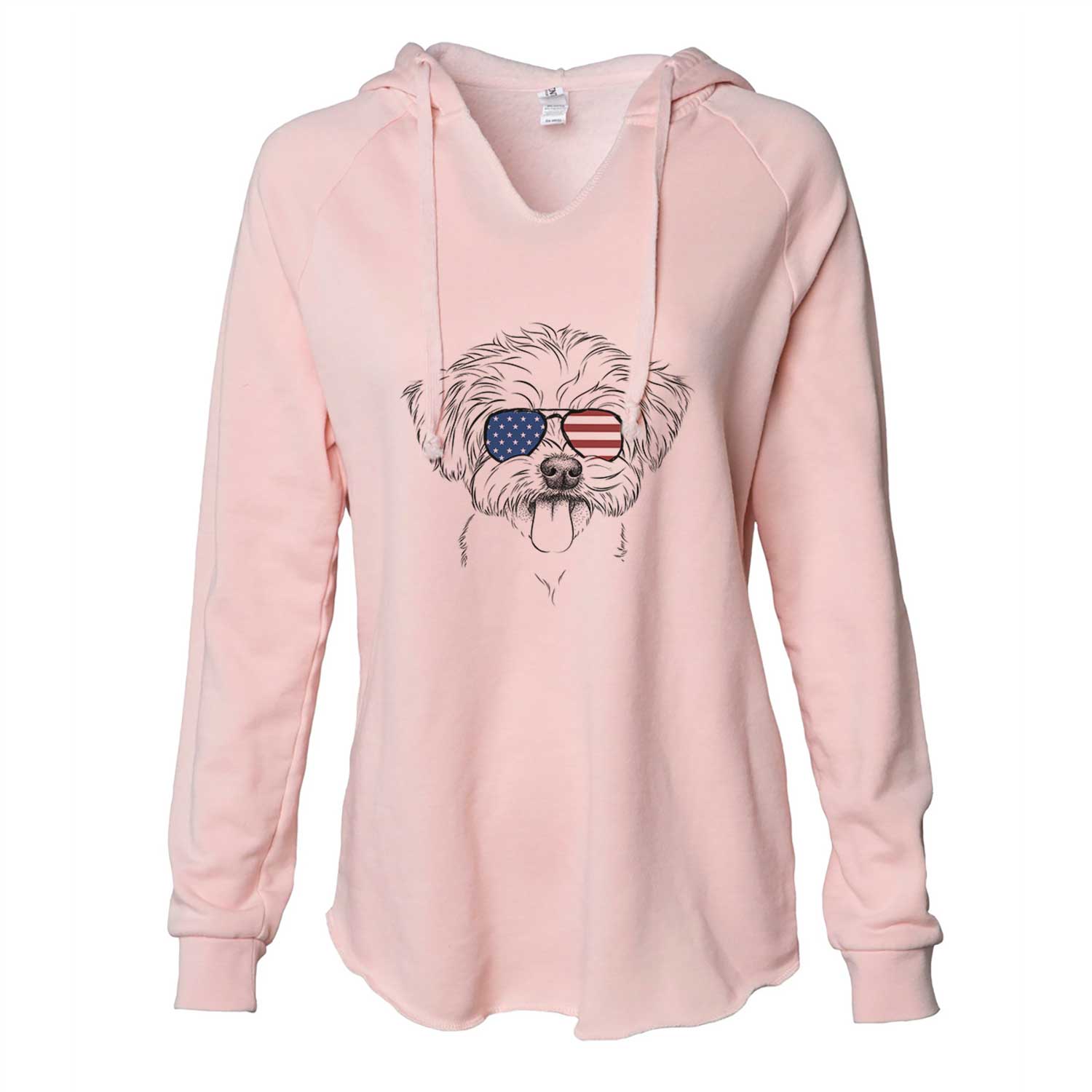 Hand-drawn sketch of Mochi the Maltese wearing American flag sunglasses on a Blush Cali Wave Hooded Sweatshirt