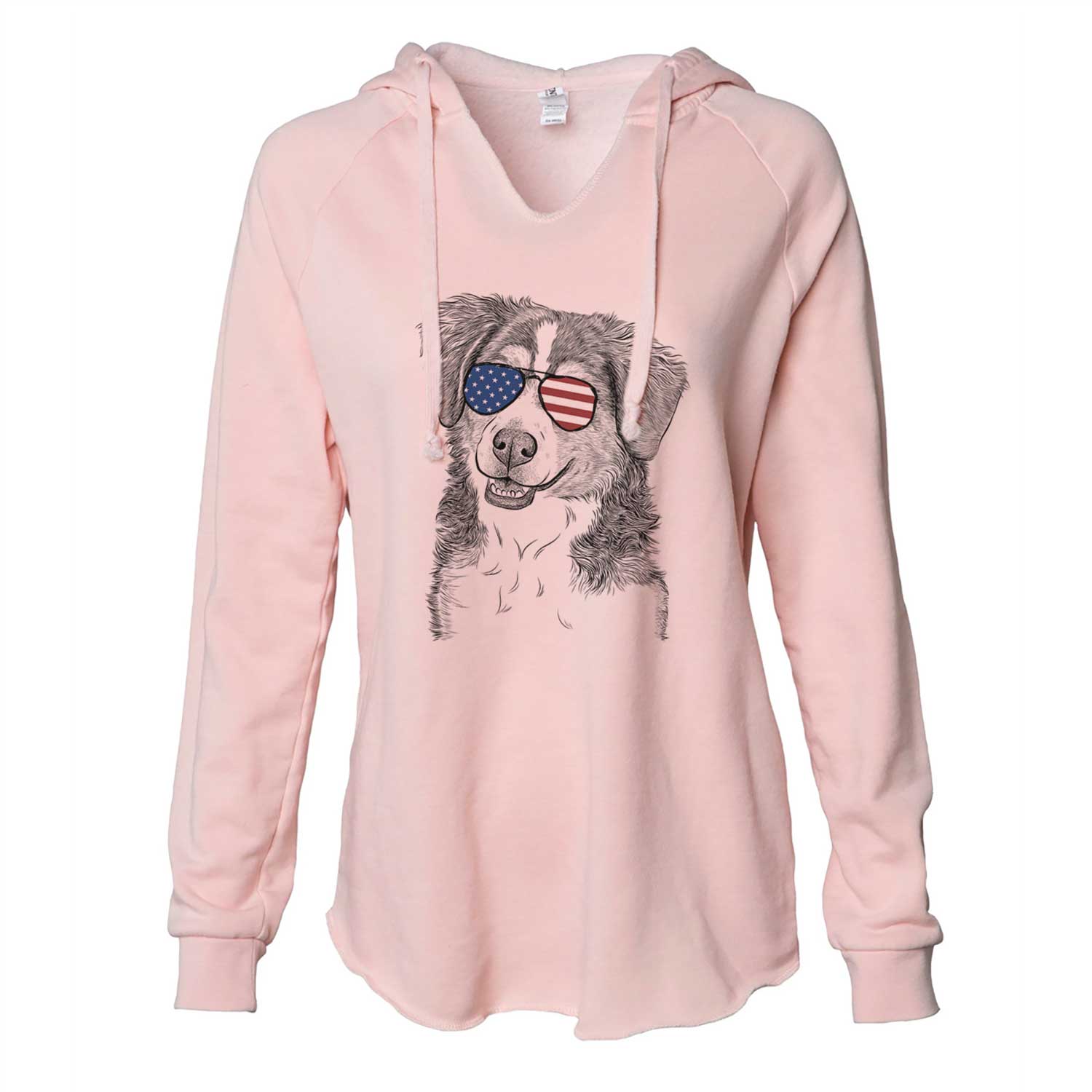 Hand-drawn sketch of Molly the Miniature Bernedoodle wearing American flag sunglasses on a Blush Cali Wave Hooded Sweatshirt