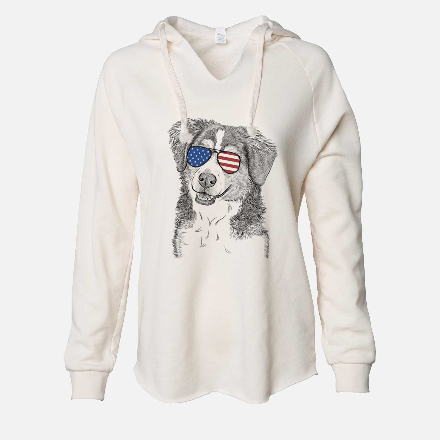 Hand-drawn sketch of Molly the Miniature Bernedoodle wearing American flag sunglasses on a Bone Cali Wave Hooded Sweatshirt