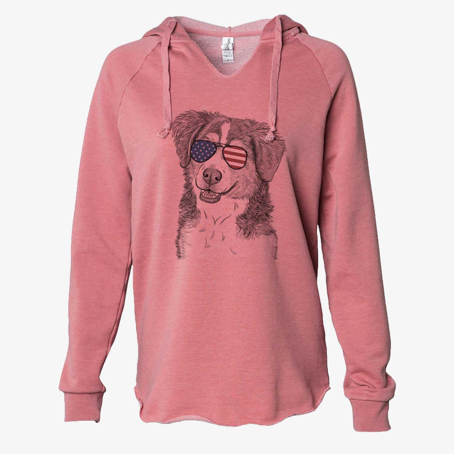 Hand-drawn sketch of Molly the Miniature Bernedoodle wearing American flag sunglasses on a Dusty Rose Cali Wave Hooded Sweatshirt