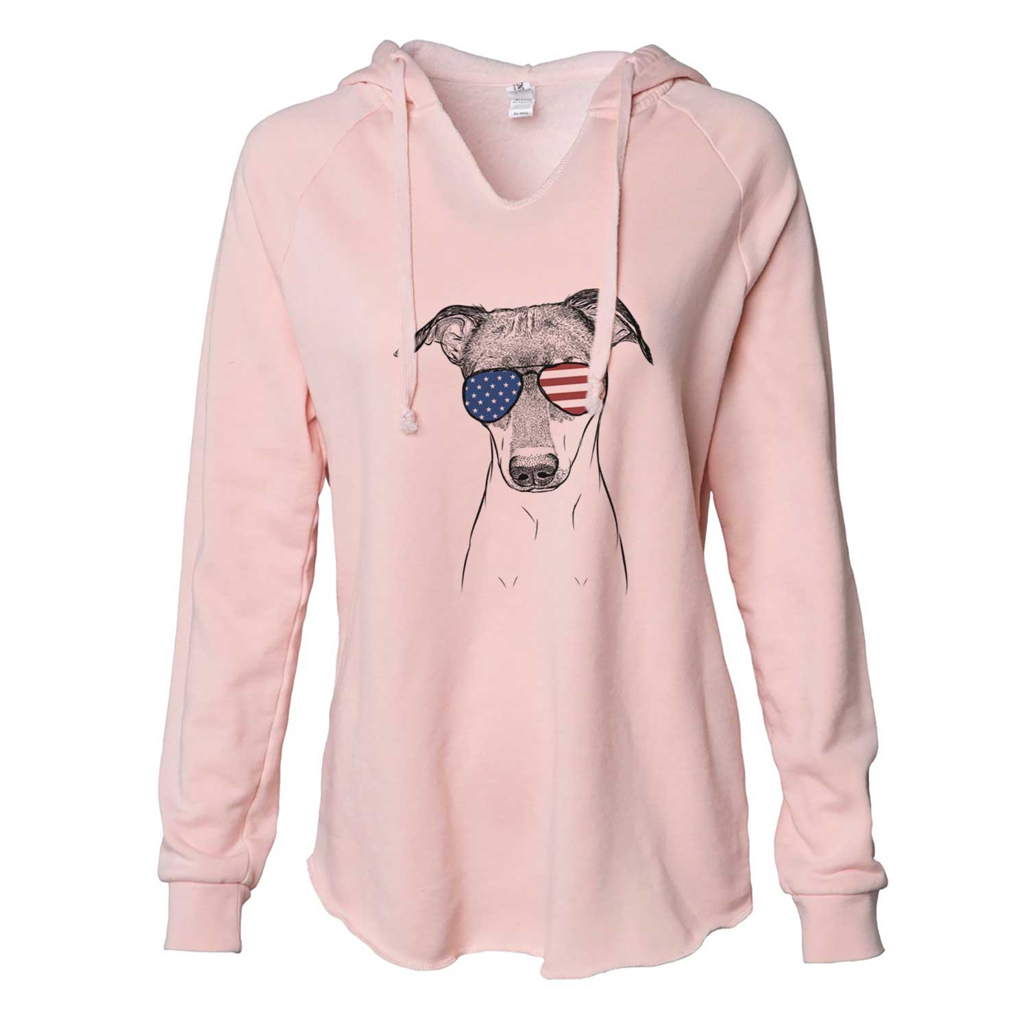 Hand-drawn sketch of Momo the Japanese Terrier wearing American flag sunglasses on a Blush Cali Wave Hooded Sweatshirt