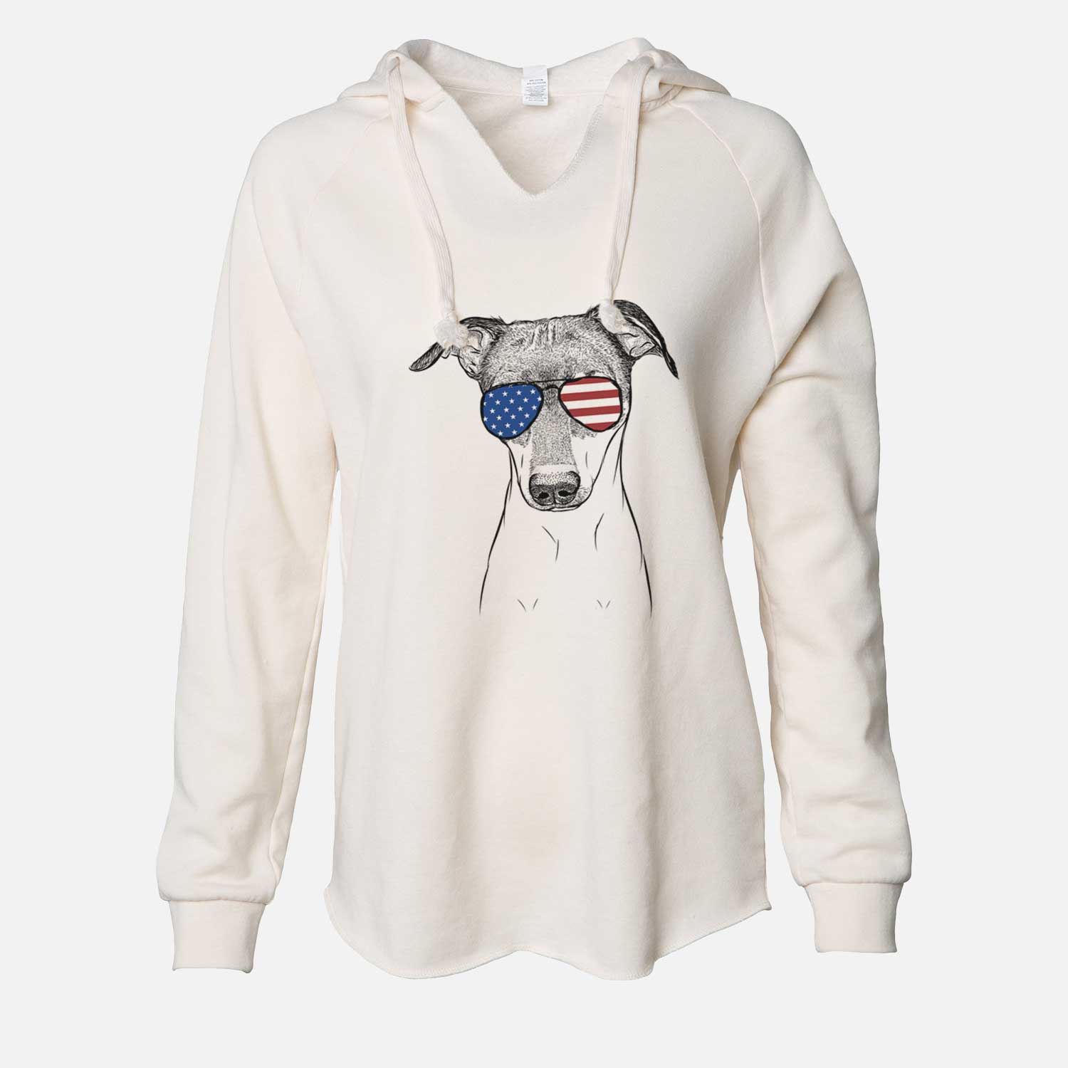 Hand-drawn sketch of Momo the Japanese Terrier wearing American flag sunglasses on a Bone Cali Wave Hooded Sweatshirt