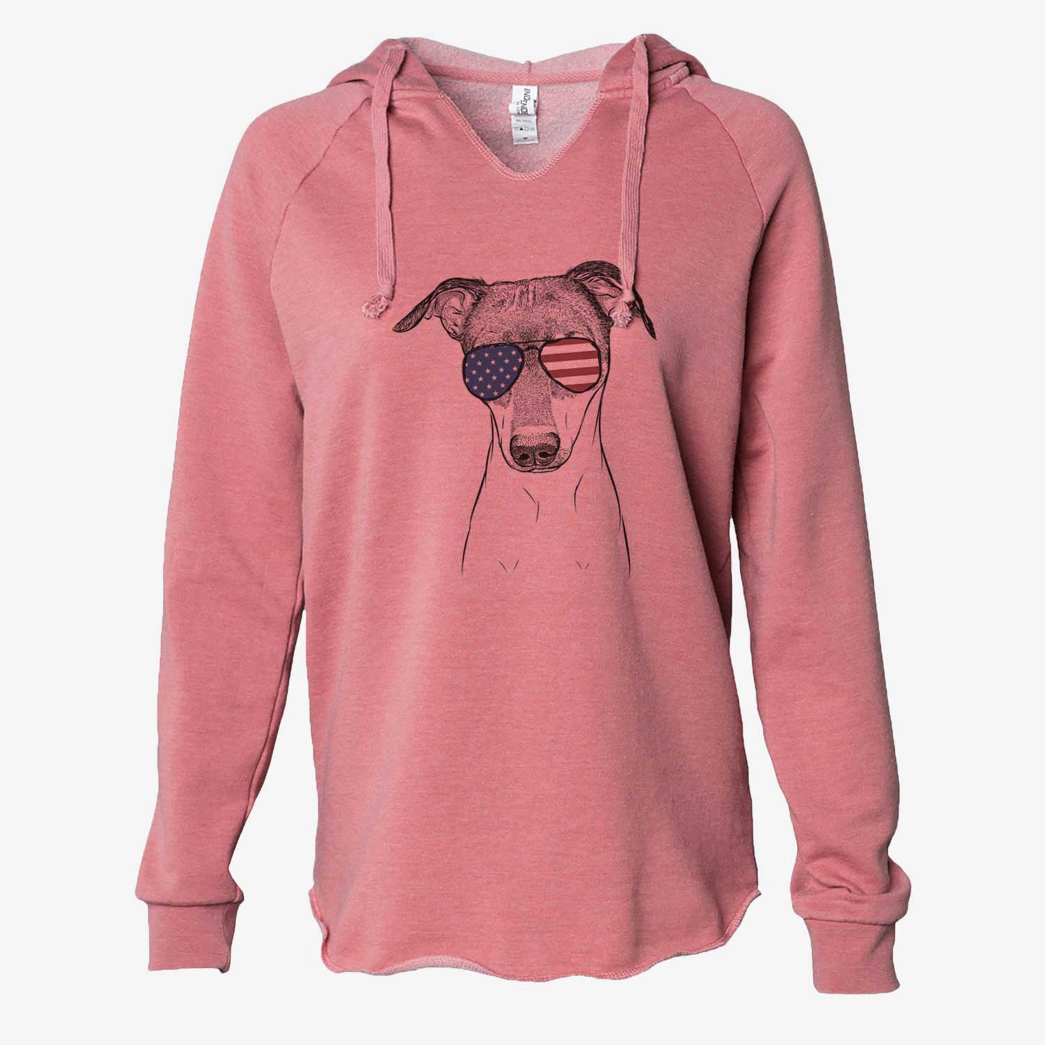 Hand-drawn sketch of Momo the Japanese Terrier wearing American flag sunglasses on a Dusty Rose Cali Wave Hooded Sweatshirt