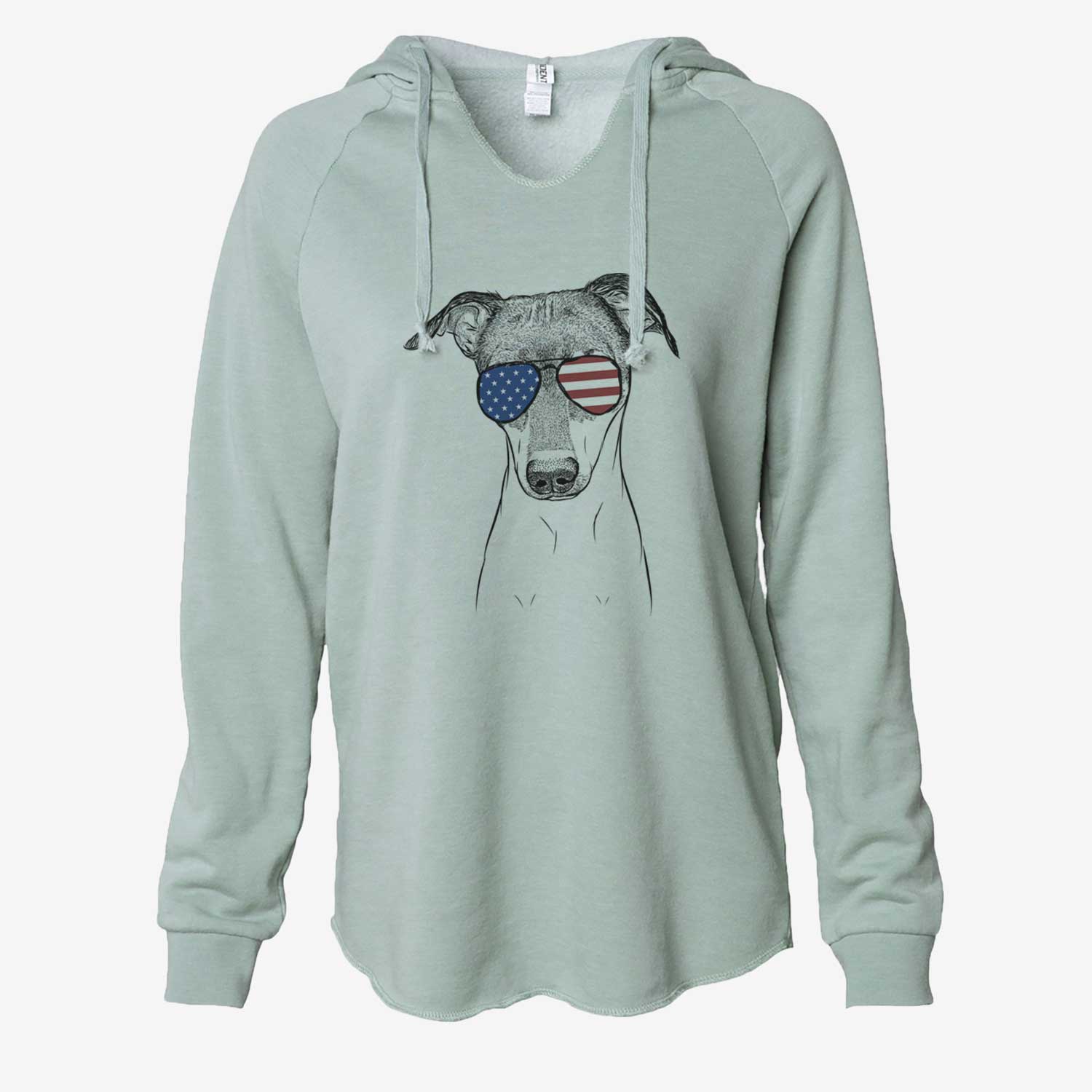 Hand-drawn sketch of Momo the Japanese Terrier wearing American flag sunglasses on a Sage Cali Wave Hooded Sweatshirt