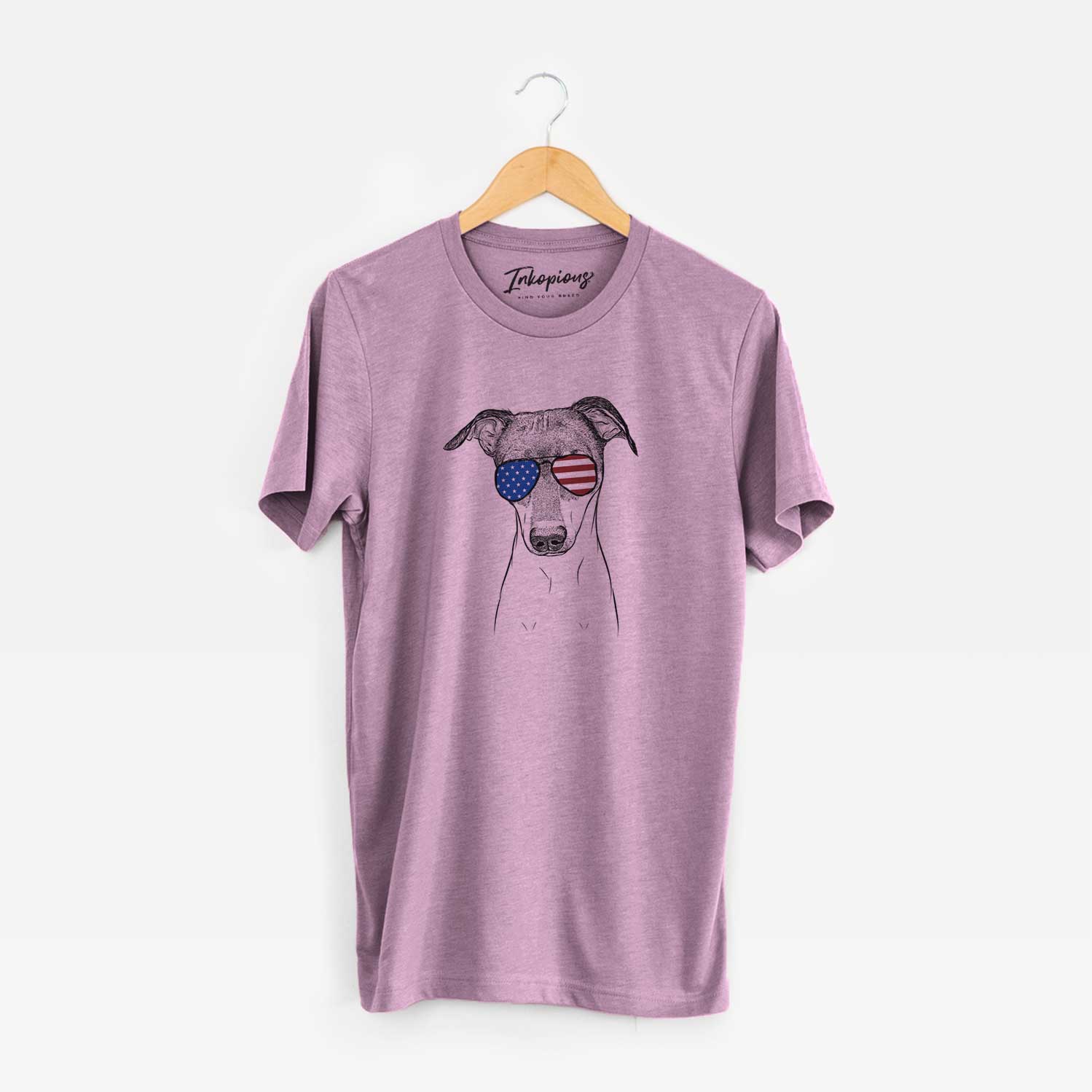 Hand-drawn sketch of Momo the Japanese Terrier wearing American flag sunglasses on an Orchid Unisex crewneck