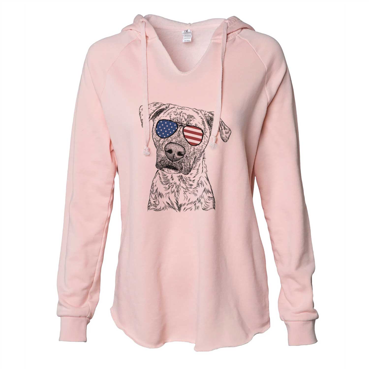 Hand-drawn sketch of Monster Baby the Pitbull Mix wearing American flag sunglasses on a Blush Cali Wave Hooded Sweatshirt