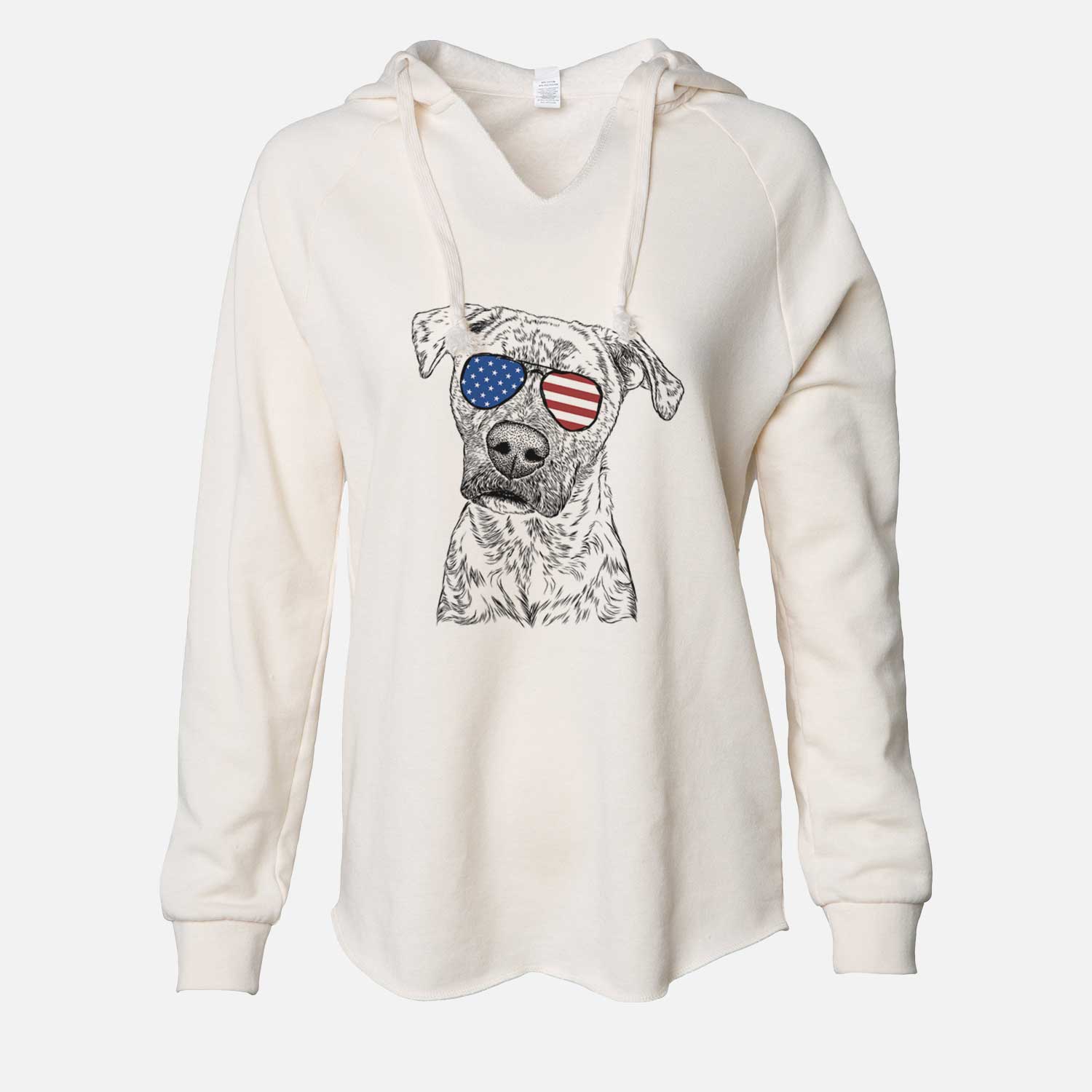 Hand-drawn sketch of Monster Baby the Pitbull Mix wearing American flag sunglasses on a Bone Cali Wave Hooded Sweatshirt