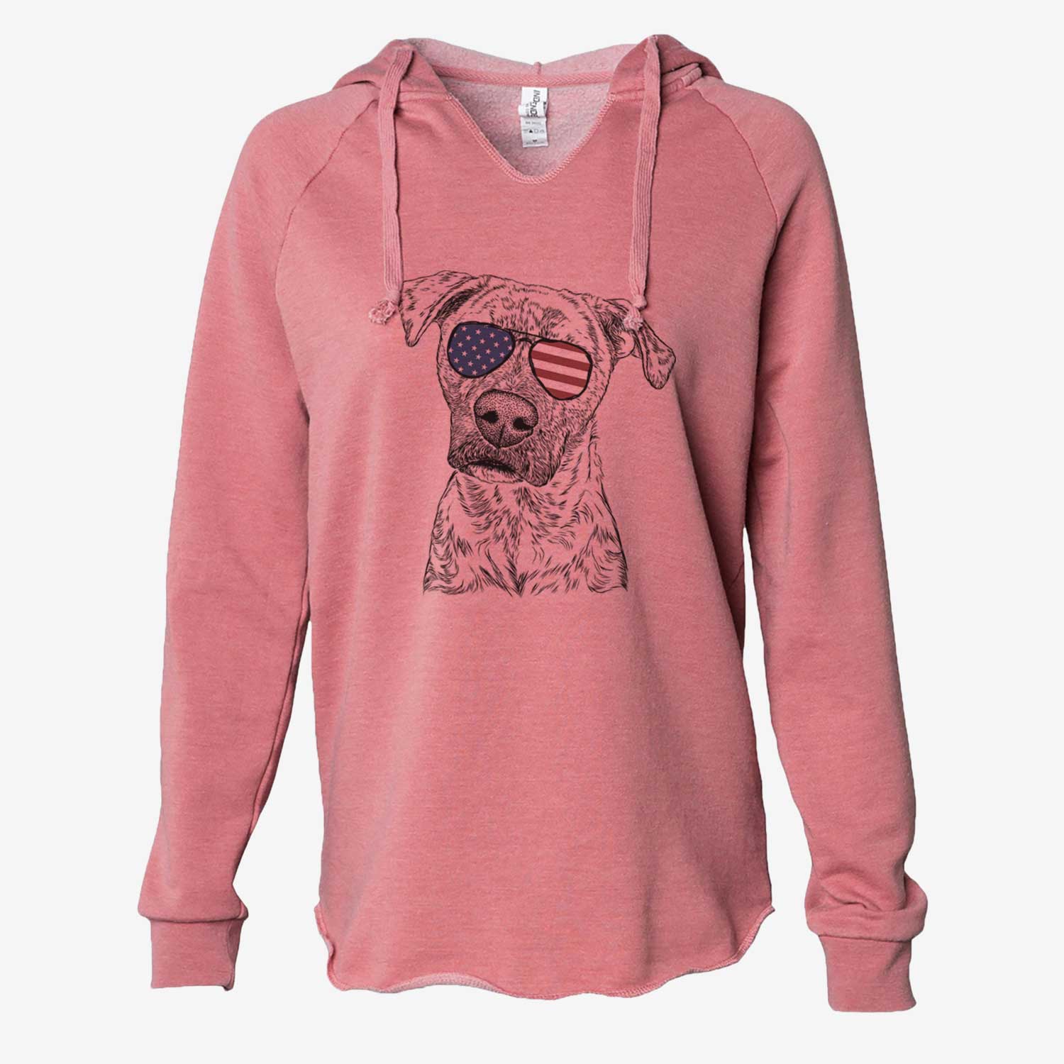 Hand-drawn sketch of Monster Baby the Pitbull Mix wearing American flag sunglasses on a Dusty Rose Cali Wave Hooded Sweatshirt