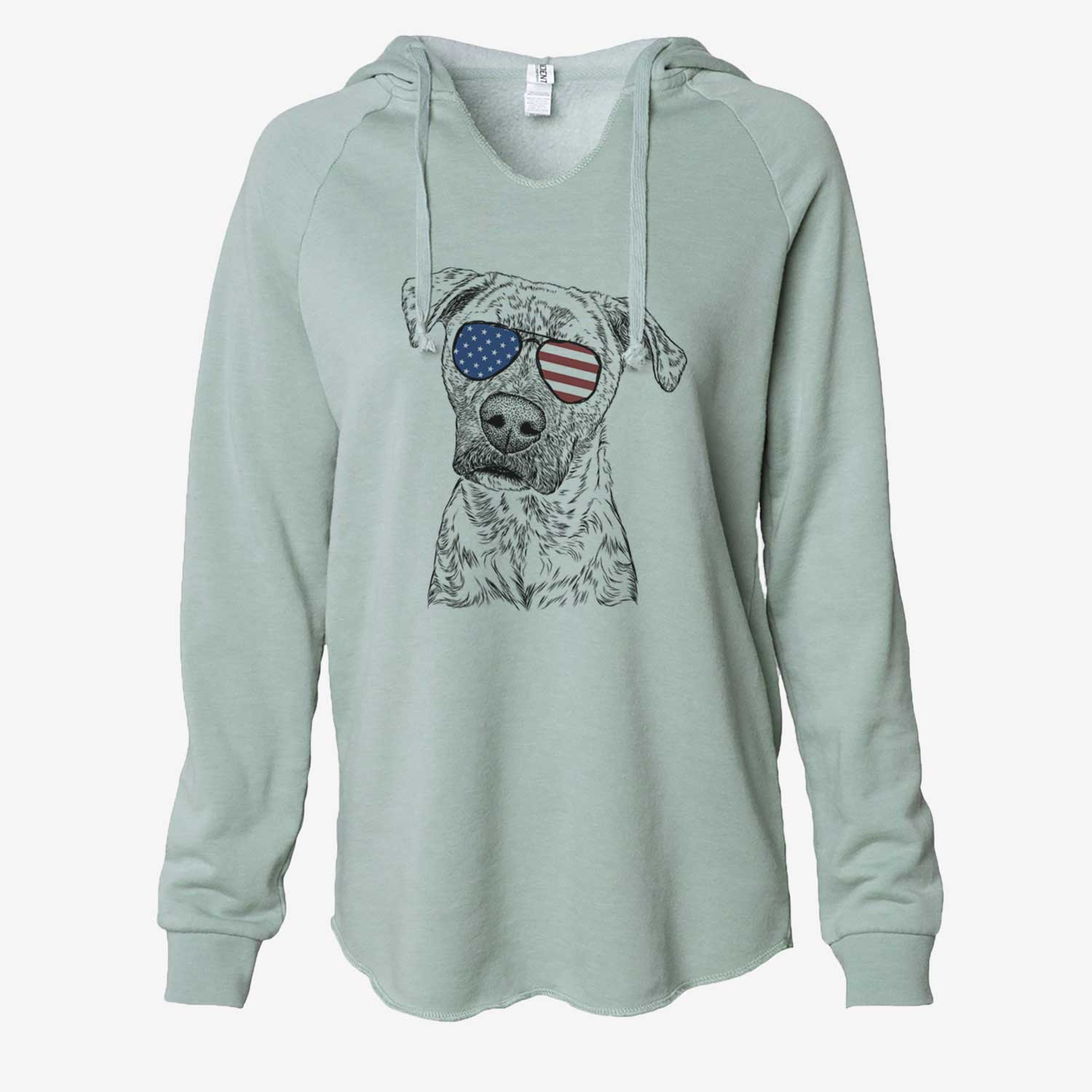 Hand-drawn sketch of Monster Baby the Pitbull Mix wearing American flag sunglasses on a Sage Cali Wave Hooded Sweatshirt