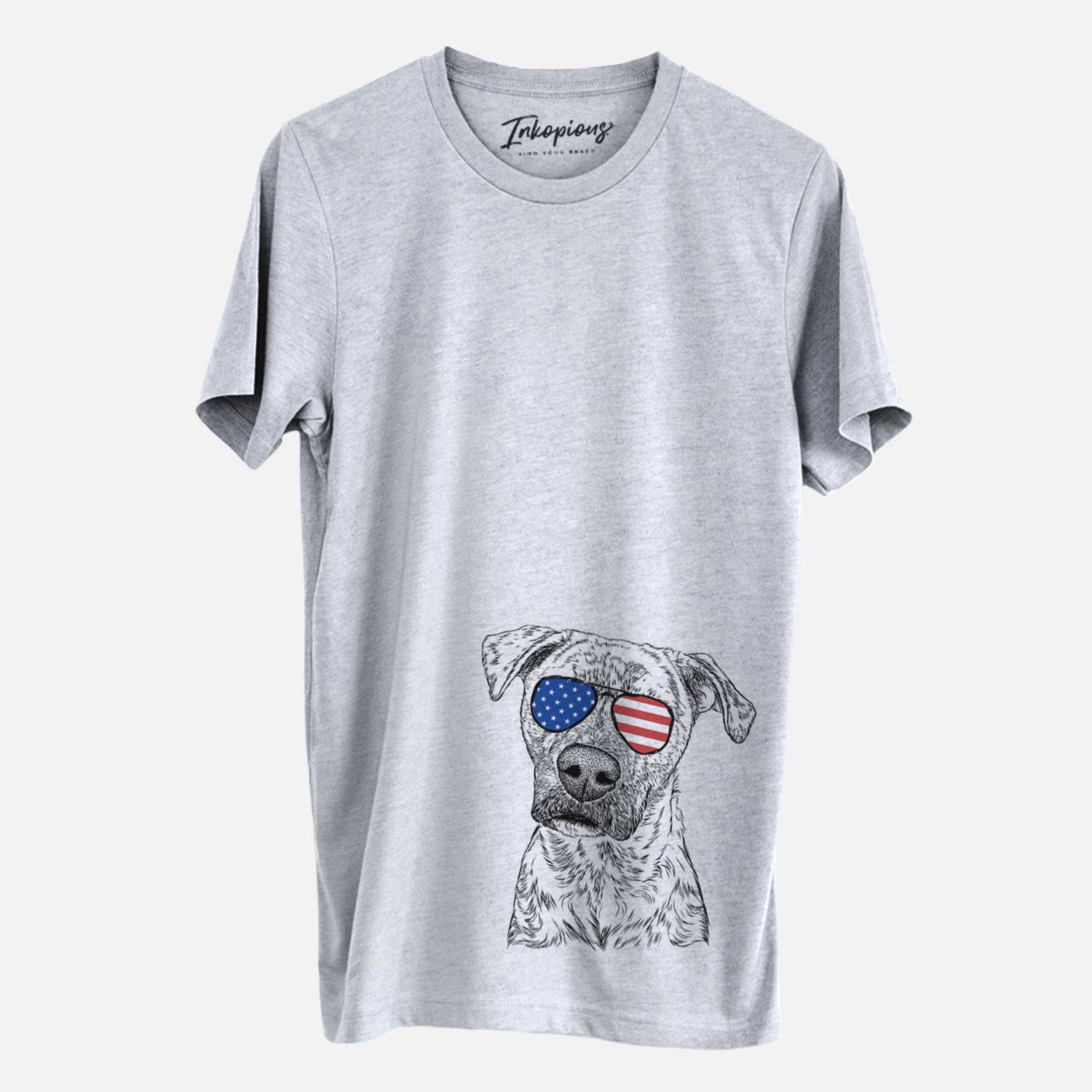 Hand-drawn sketch of Monster Baby the Pitbull Mix wearing American flag sunglasses on a Grey Unisex crewneck