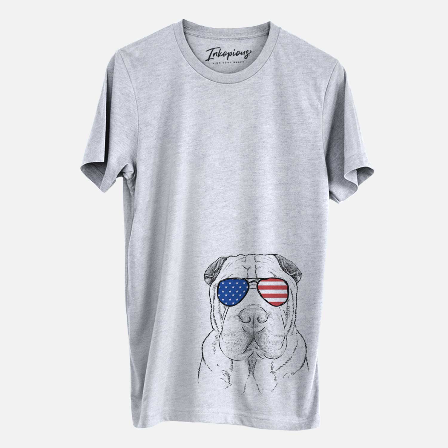 Hand-drawn sketch of Moomers the Shar Pei wearing American flag sunglasses on a Grey Unisex crewneck