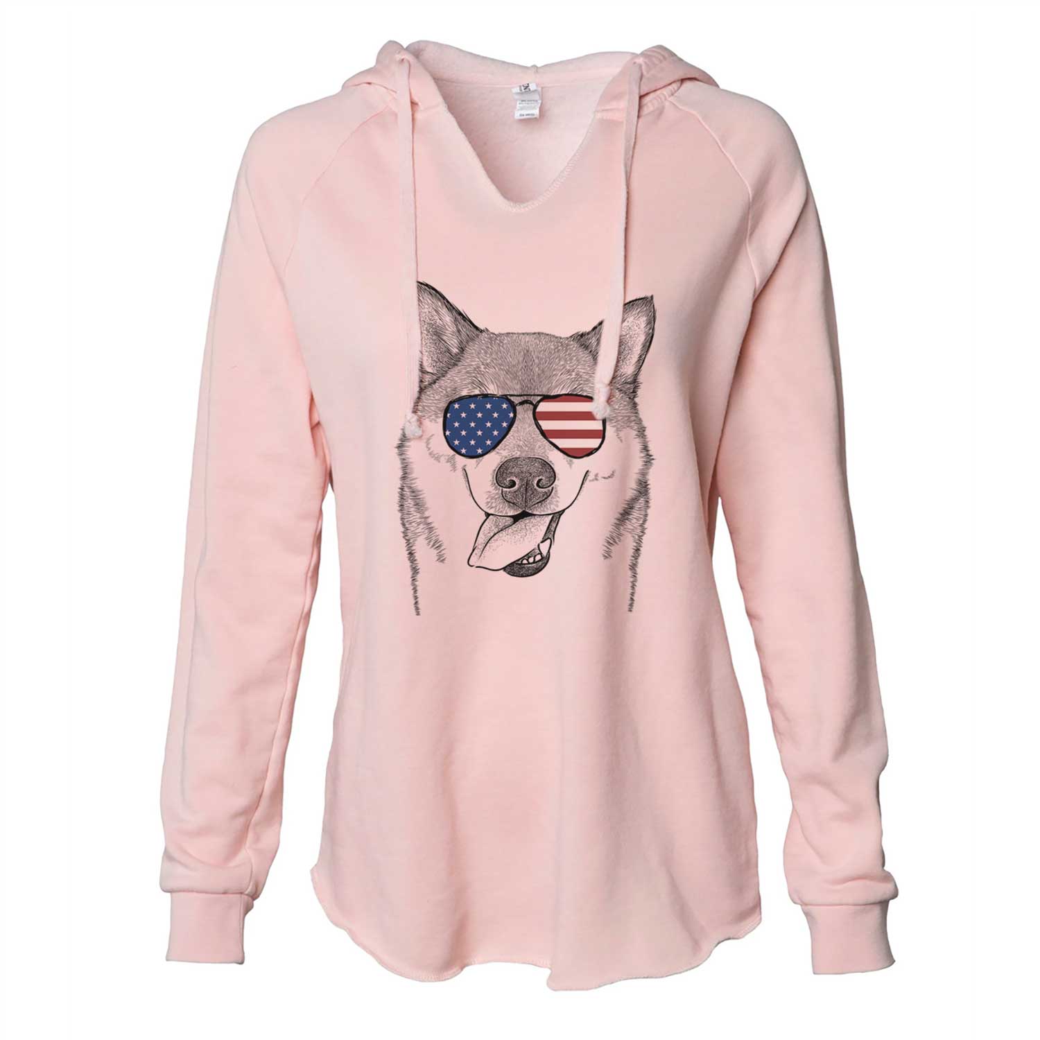 Hand-drawn sketch of Mothra the Shiba Inu wearing American flag sunglasses on a Blush Cali Wave Hooded Sweatshirt