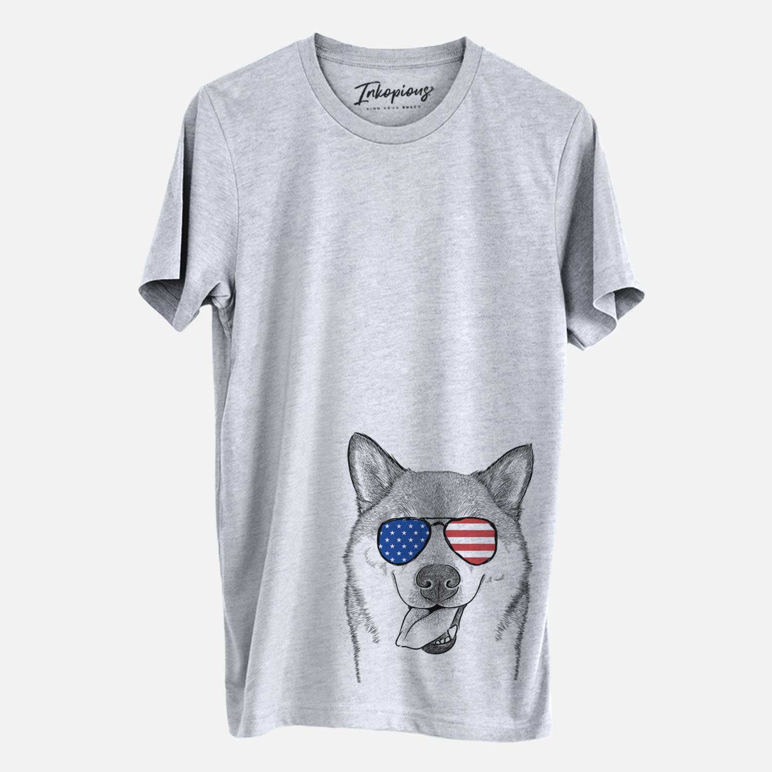 Hand-drawn sketch of Mothra the Shiba Inu wearing American flag sunglasses on a Grey Unisex crewneck