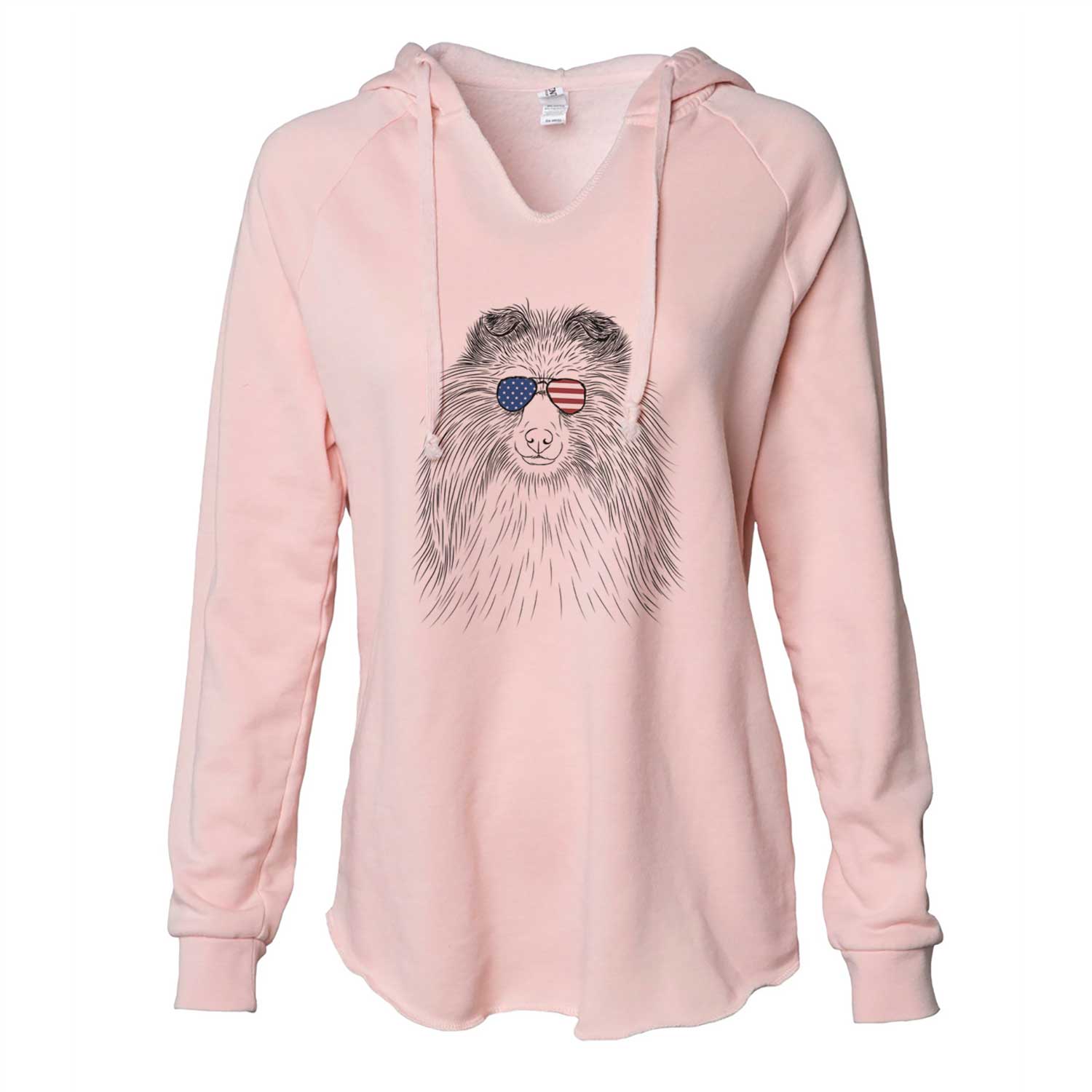Hand-drawn sketch of Moxie the Shetland Sheepdog wearing American flag sunglasses on a Blush Cali Wave Hooded Sweatshirt