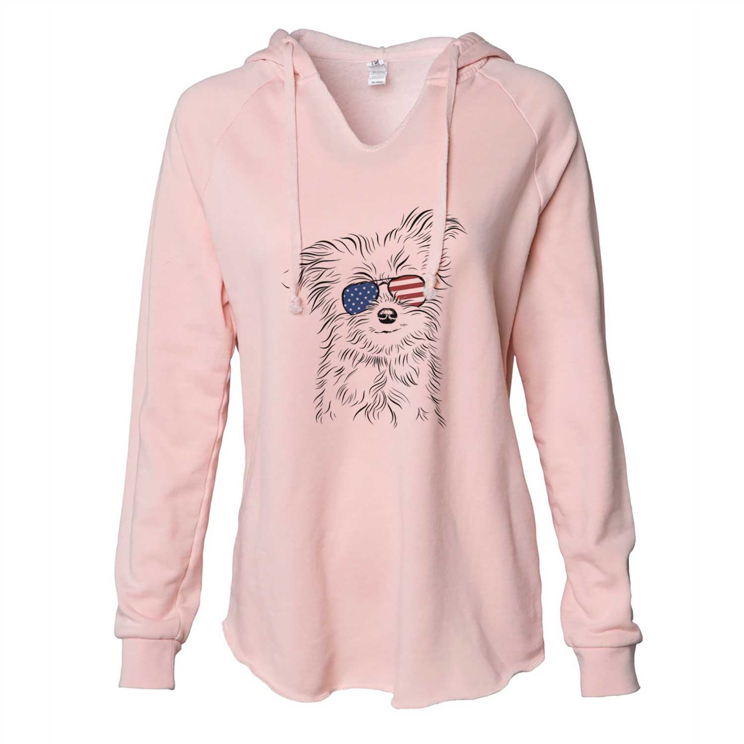 Hand-drawn sketch of Mr. Gucci Poochi the Maltese wearing American flag sunglasses on a Blush Cali Wave Hooded Sweatshirt