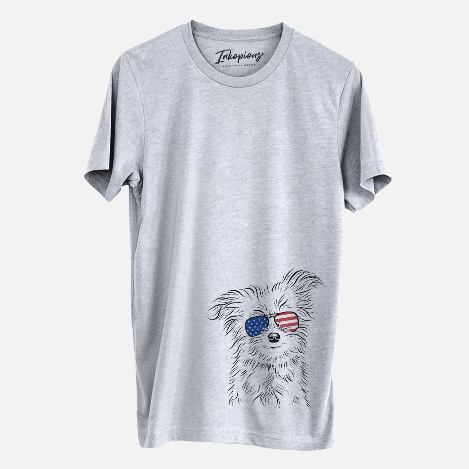 Hand-drawn sketch of Mr. Gucci Poochi the Maltese wearing American flag sunglasses on a Grey Unisex crewneck