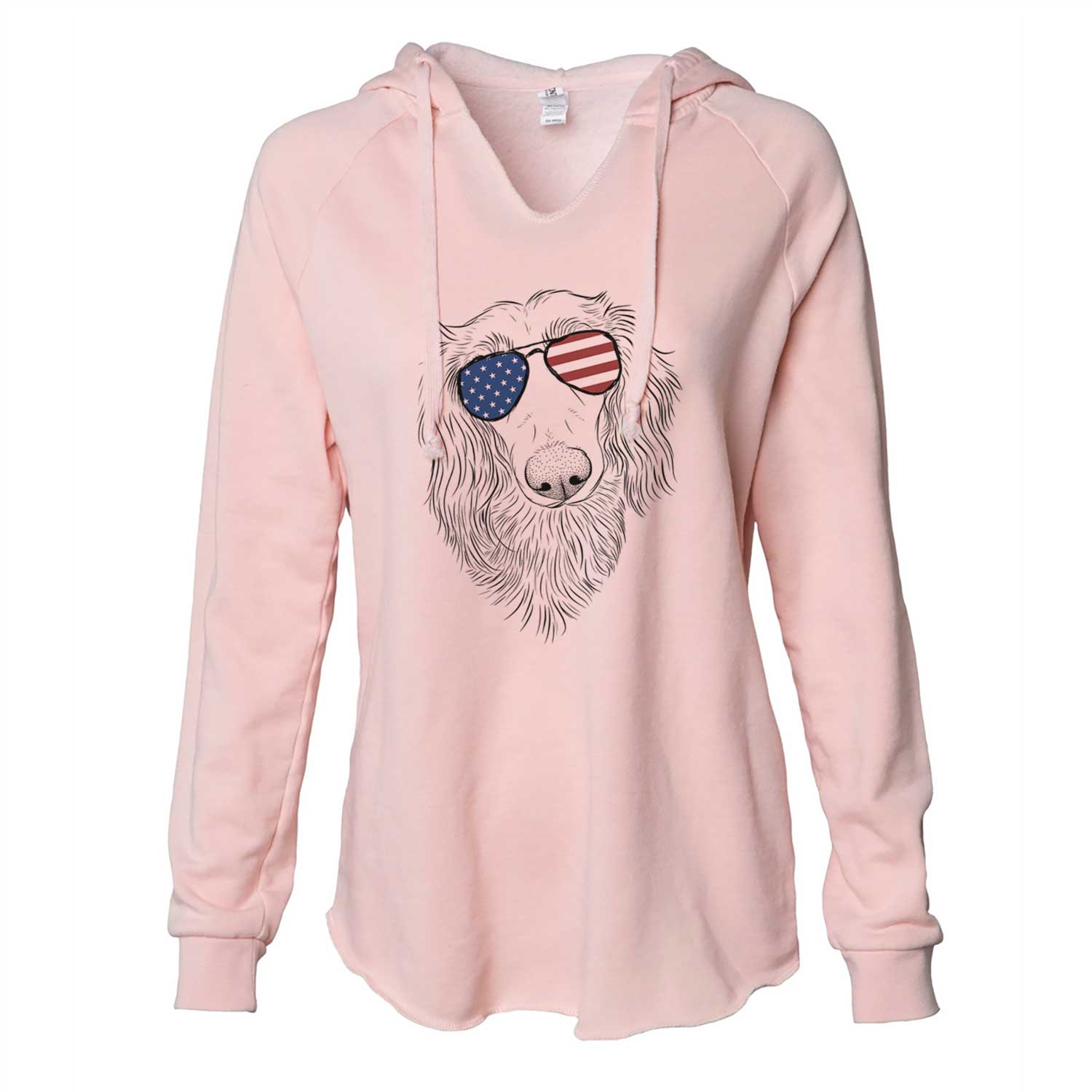 Hand-drawn sketch of Mr. Rusty the Long Haired Dachshund wearing American flag sunglasses on a Blush Cali Wave Hooded Sweatshirt