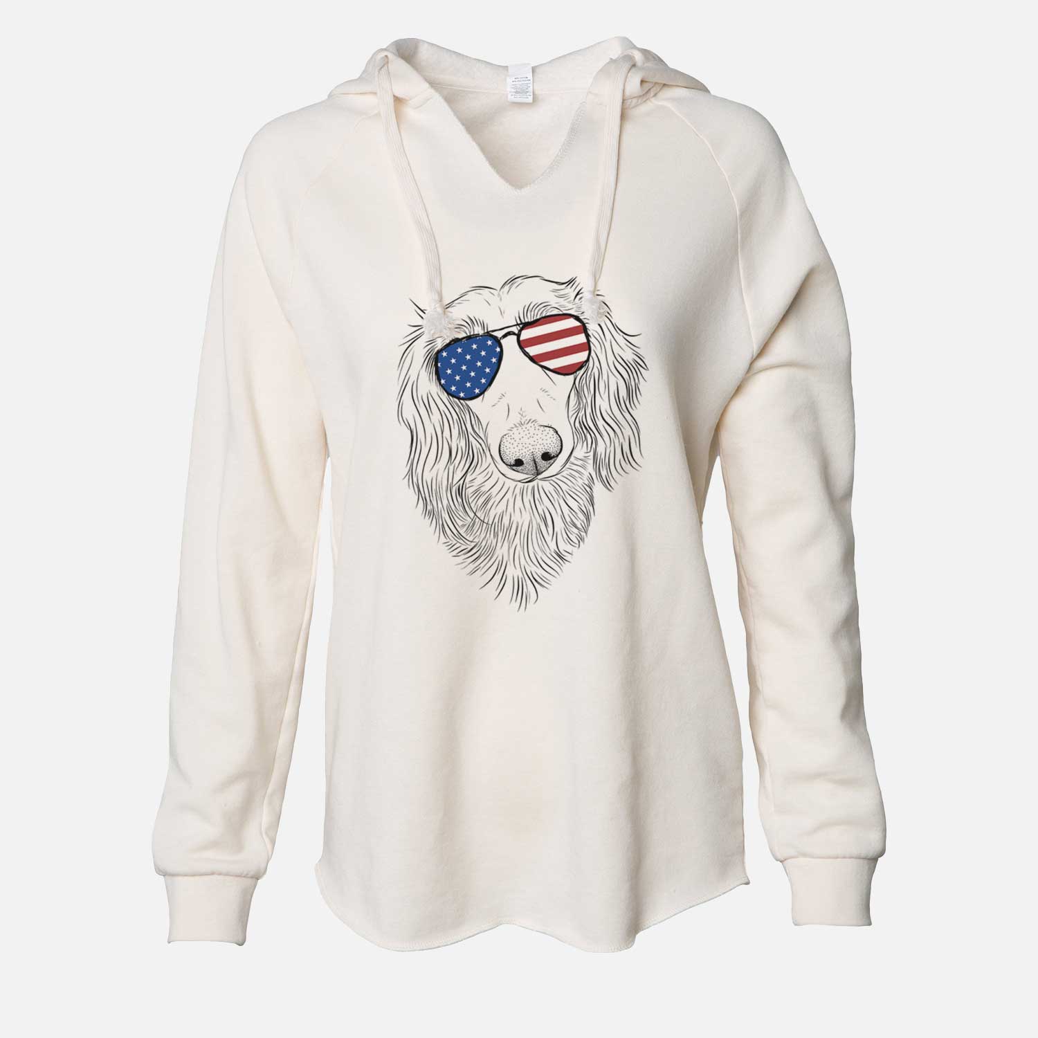 Hand-drawn sketch of Mr. Rusty the Long Haired Dachshund wearing American flag sunglasses on a Bone Cali Wave Hooded Sweatshirt