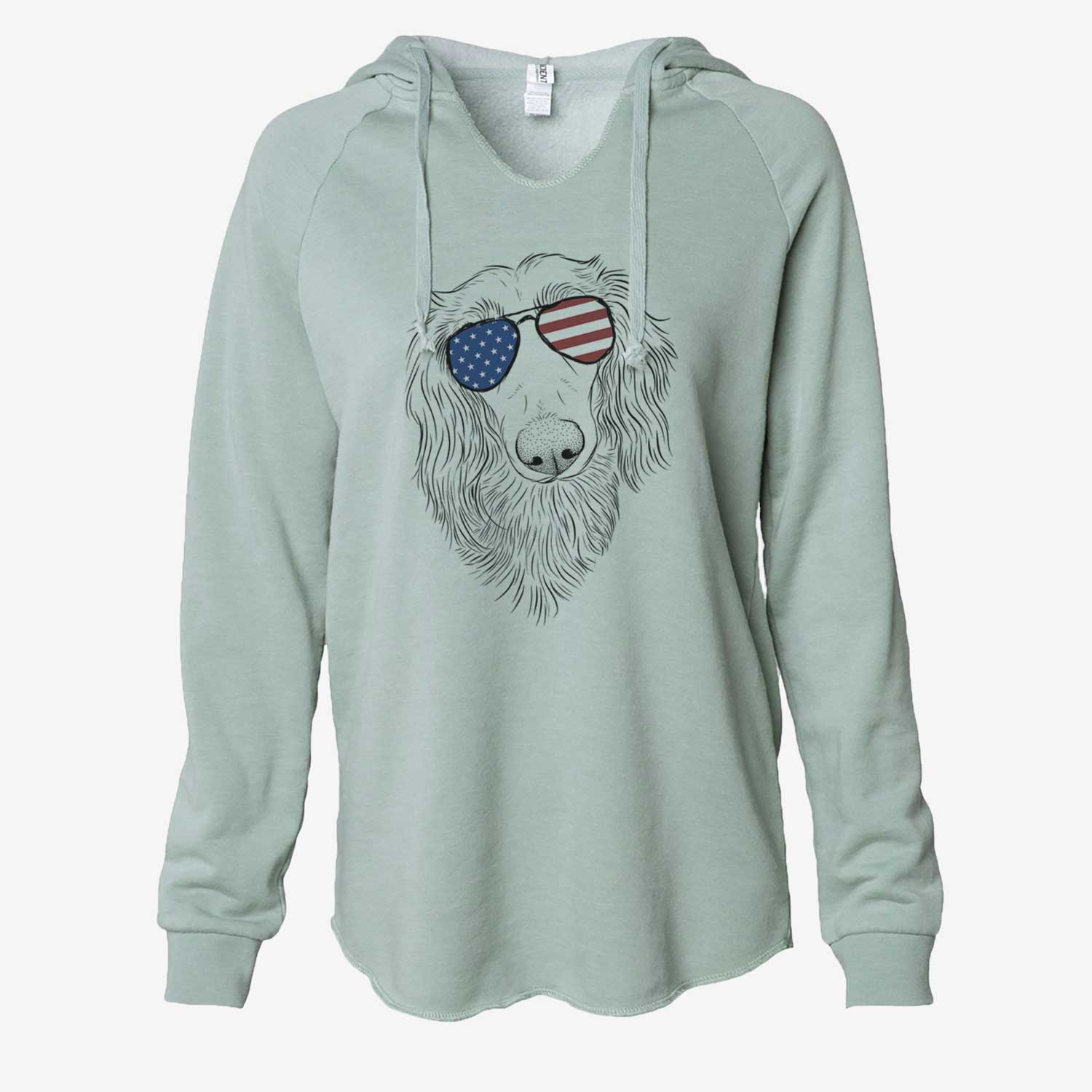 Hand-drawn sketch of Mr. Rusty the Long Haired Dachshund wearing American flag sunglasses on a Sage Cali Wave Hooded Sweatshirt