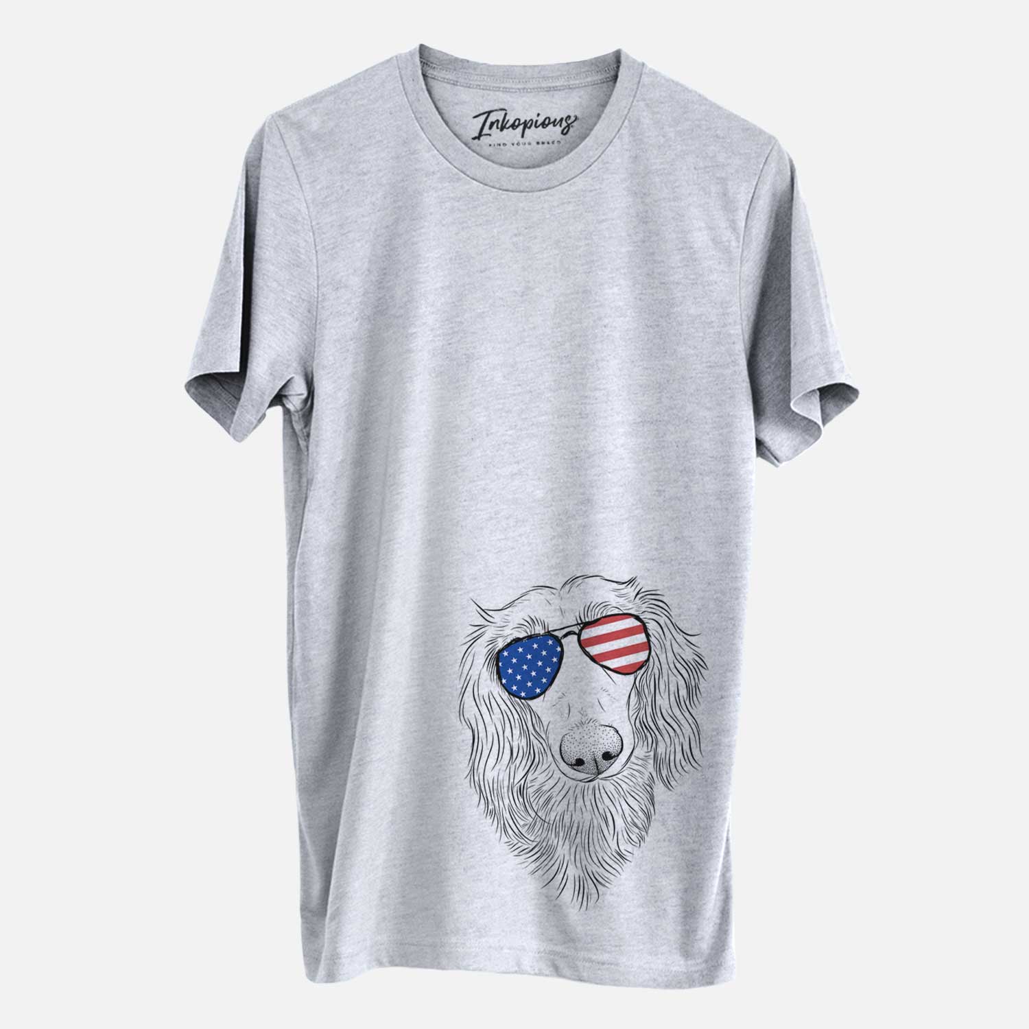 Hand-drawn sketch of Mr. Rusty the Long Haired Dachshund wearing American flag sunglasses on a Grey Unisex crewneck