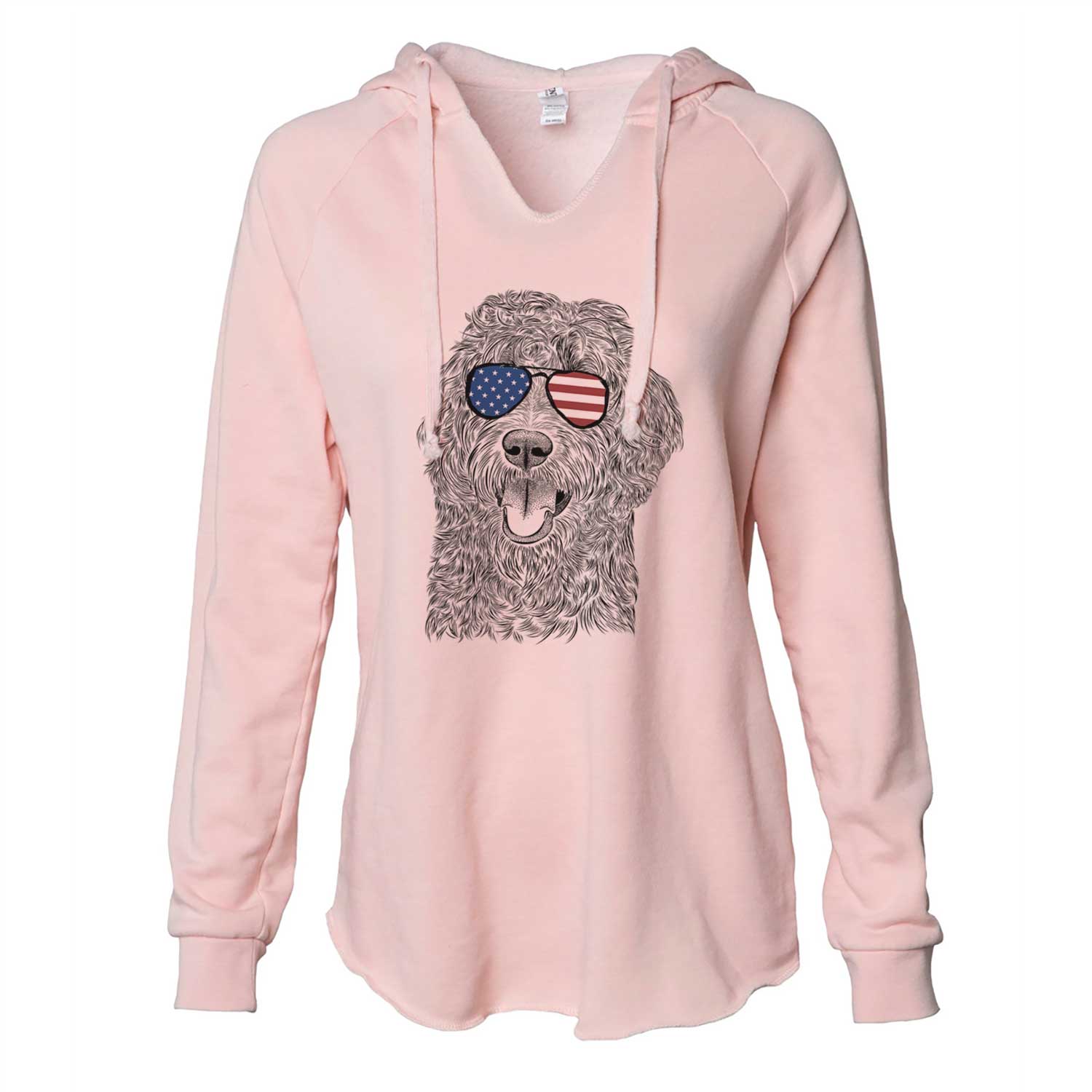 Hand-drawn sketch of Murr Dog the Labradoodle wearing American flag sunglasses on a Blush Cali Wave Hooded Sweatshirt