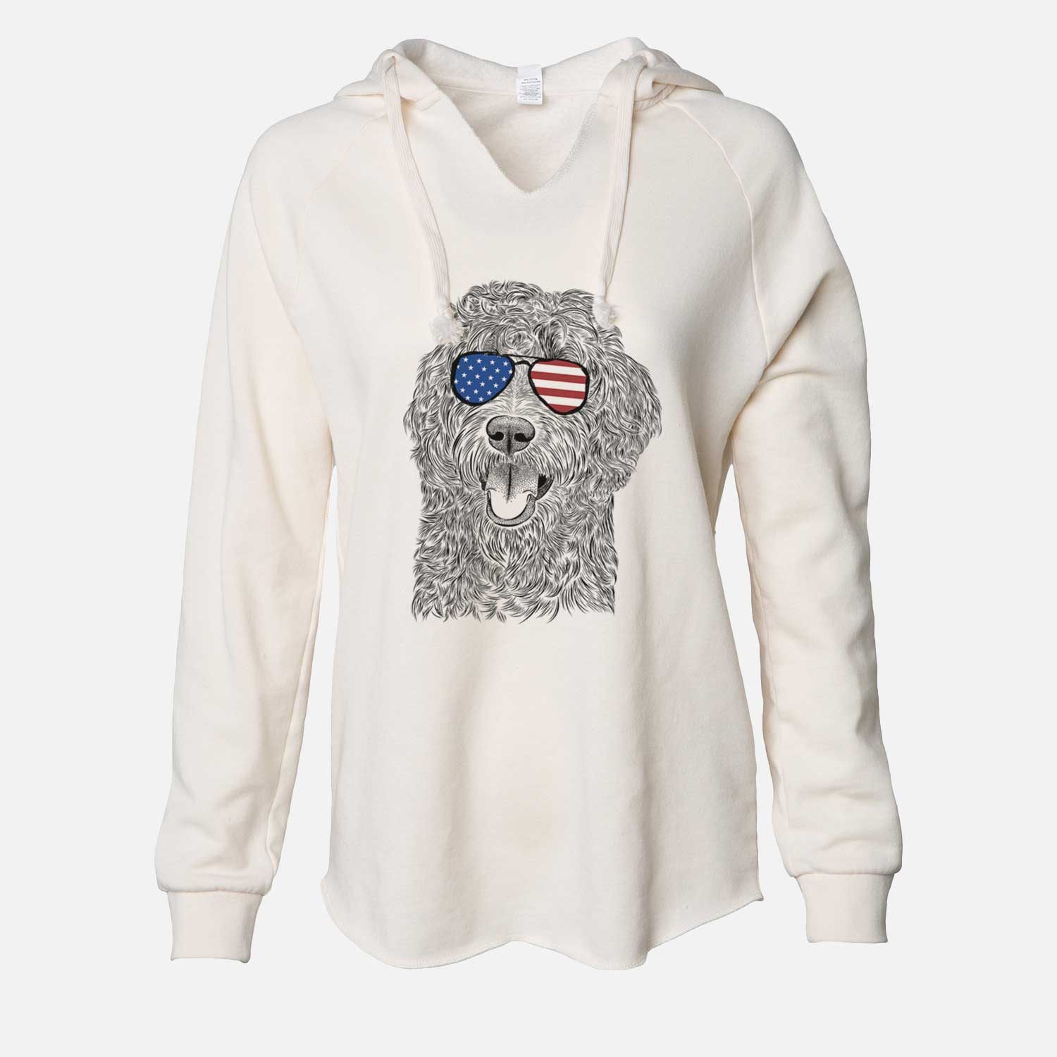 Hand-drawn sketch of Murr Dog the Labradoodle wearing American flag sunglasses on a Bone Cali Wave Hooded Sweatshirt