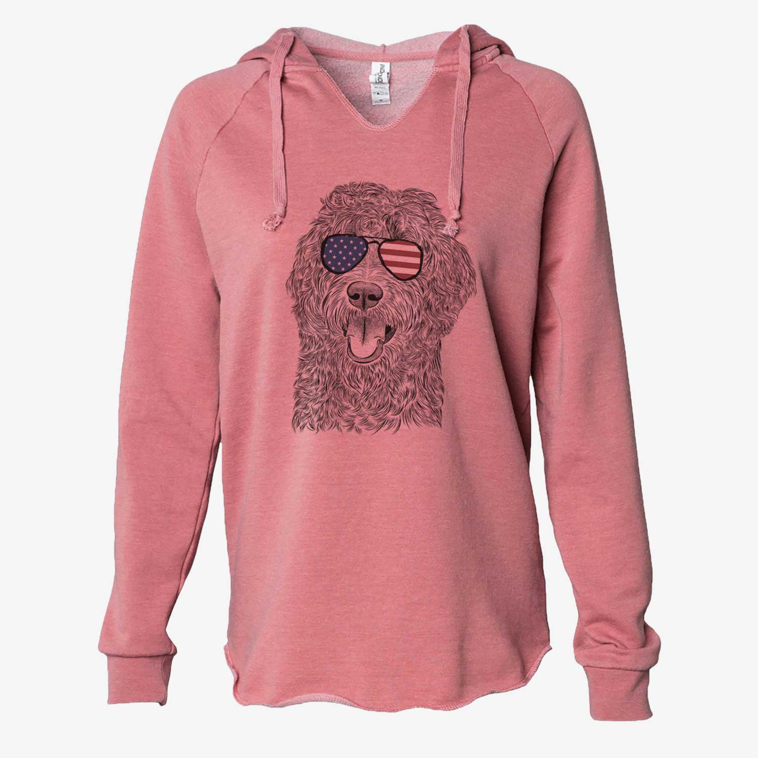 Hand-drawn sketch of Murr Dog the Labradoodle wearing American flag sunglasses on a Dusty Rose Cali Wave Hooded Sweatshirt
