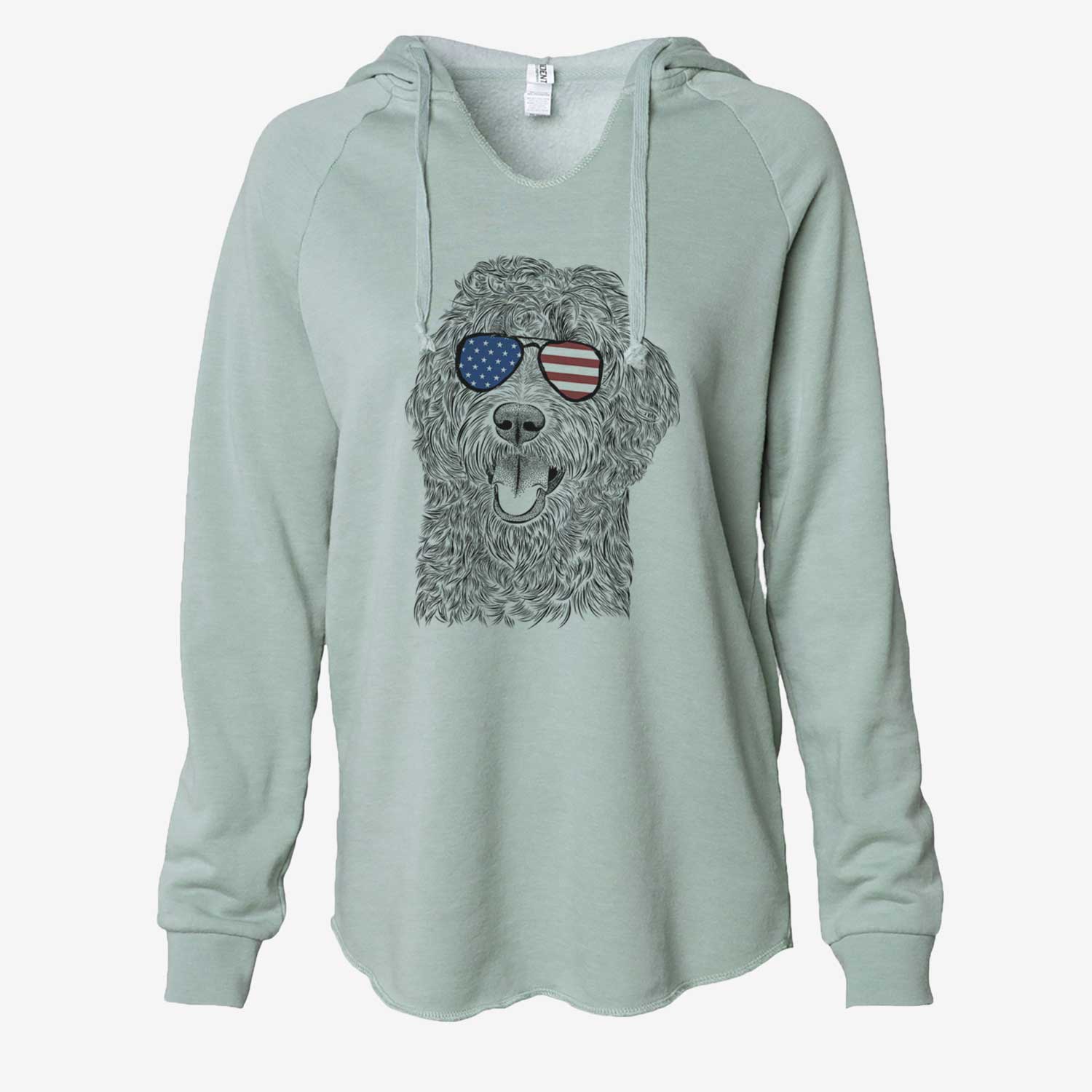 Hand-drawn sketch of Murr Dog the Labradoodle wearing American flag sunglasses on a Sage Cali Wave Hooded Sweatshirt