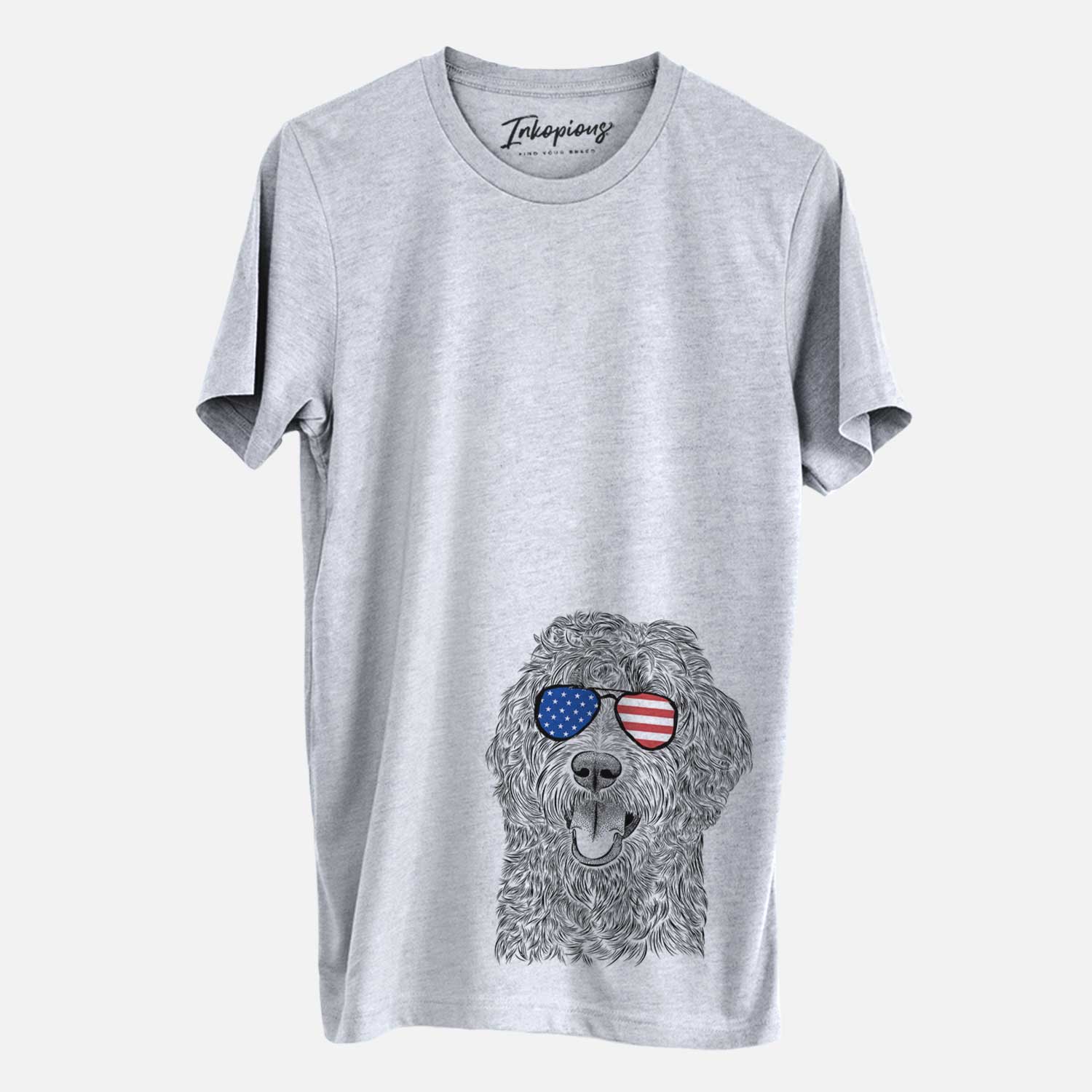 Hand-drawn sketch of Murr Dog the Labradoodle wearing American flag sunglasses on a Grey Unisex crewneck