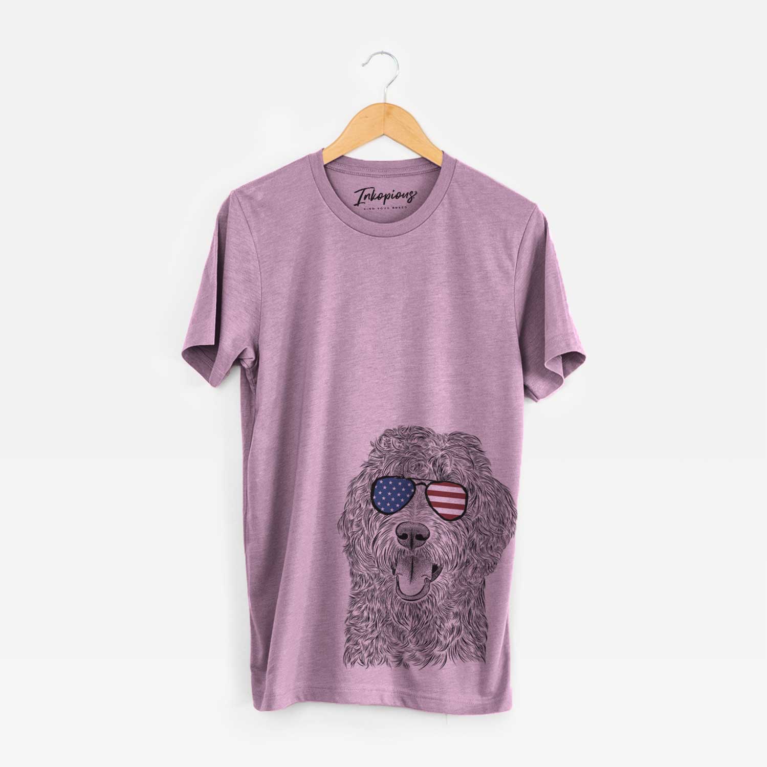 Hand-drawn sketch of Murr Dog the Labradoodle wearing American flag sunglasses on an Orchid Unisex crewneck