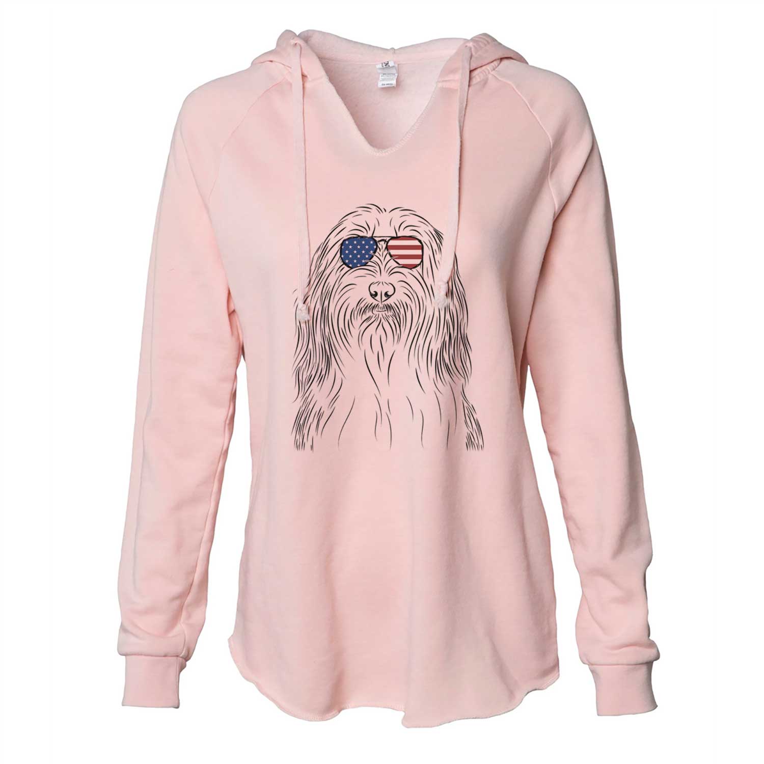Hand-drawn sketch of Murray the Bearded Collie wearing American flag sunglasses on a Blush Cali Wave Hooded Sweatshirt