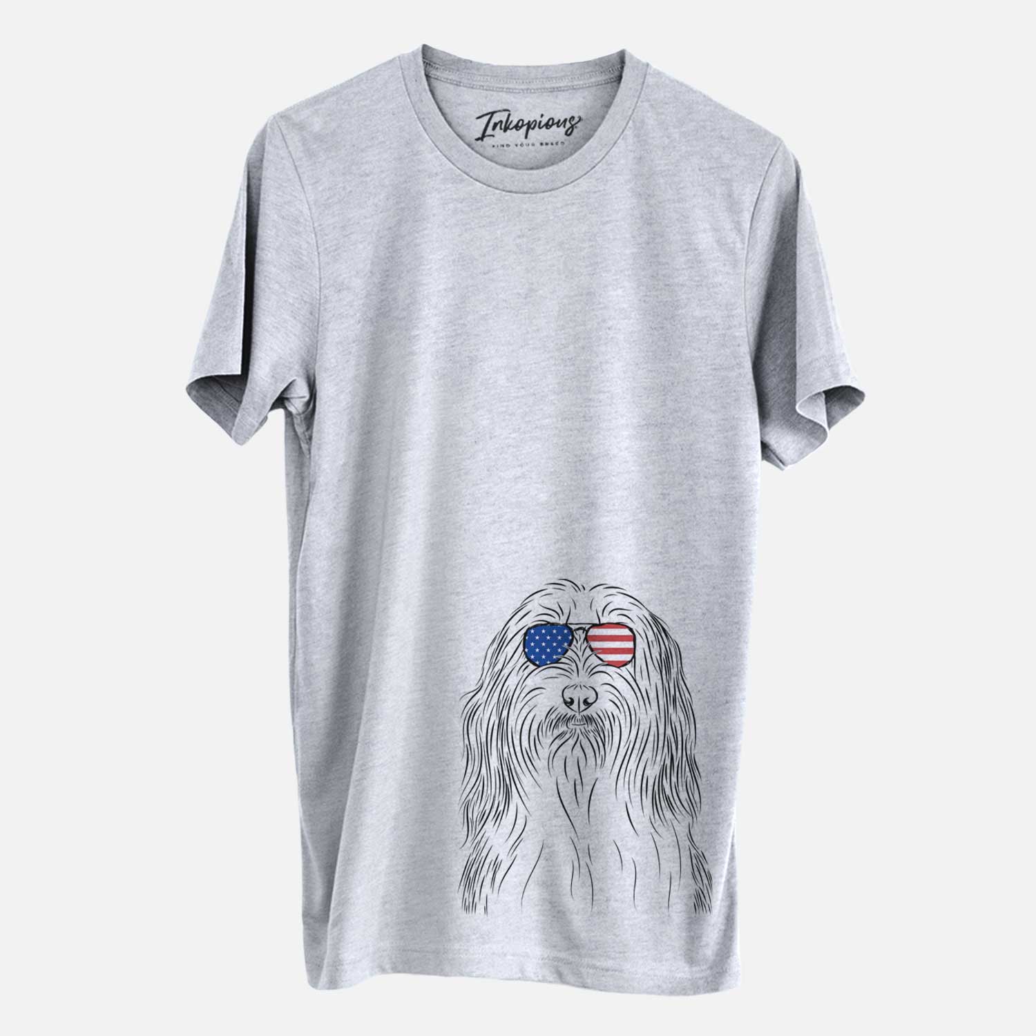 Hand-drawn sketch of Murray the Bearded Collie wearing American flag sunglasses on a Grey Unisex crewneck