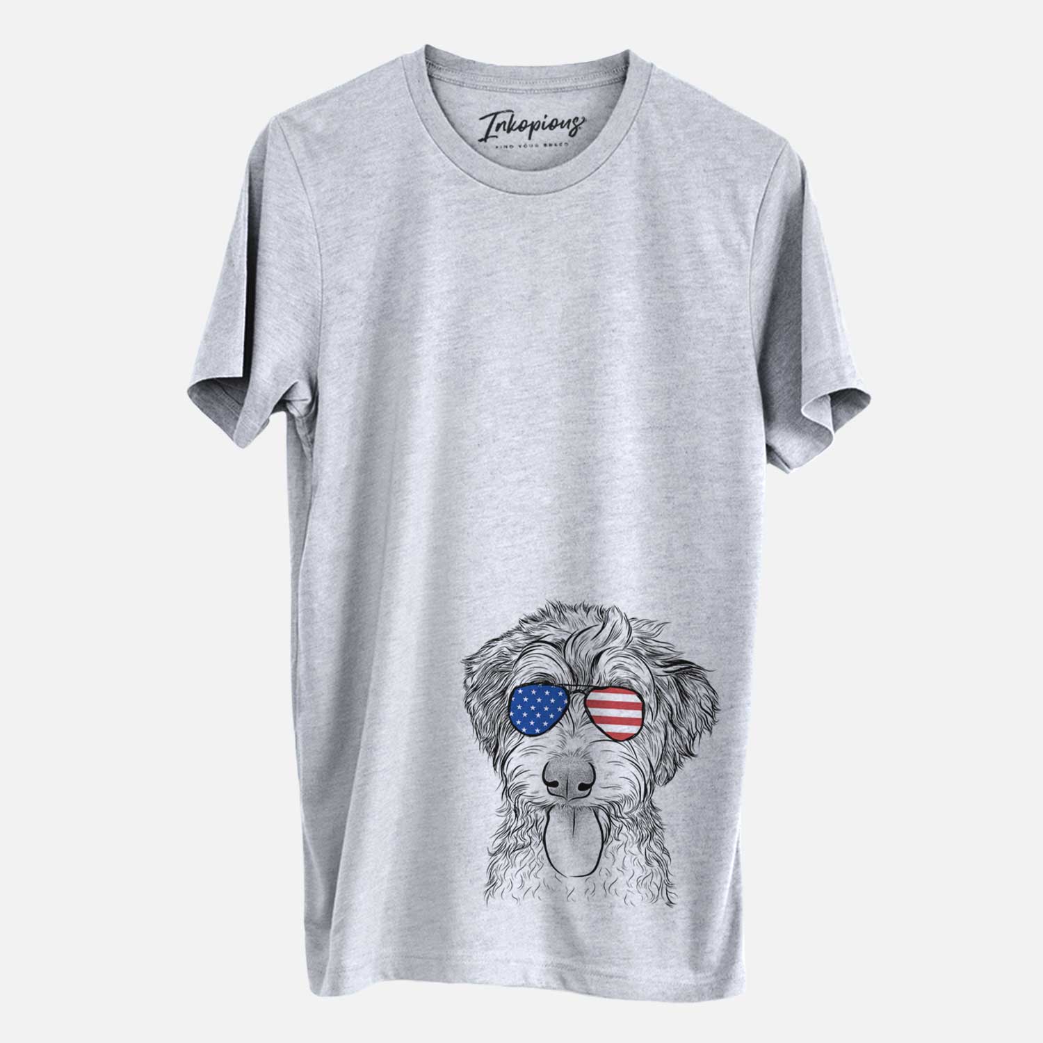 Hand-drawn sketch of Myrtle Mae the Aussiedoodle wearing American flag sunglasses on a Grey Unisex crewneck