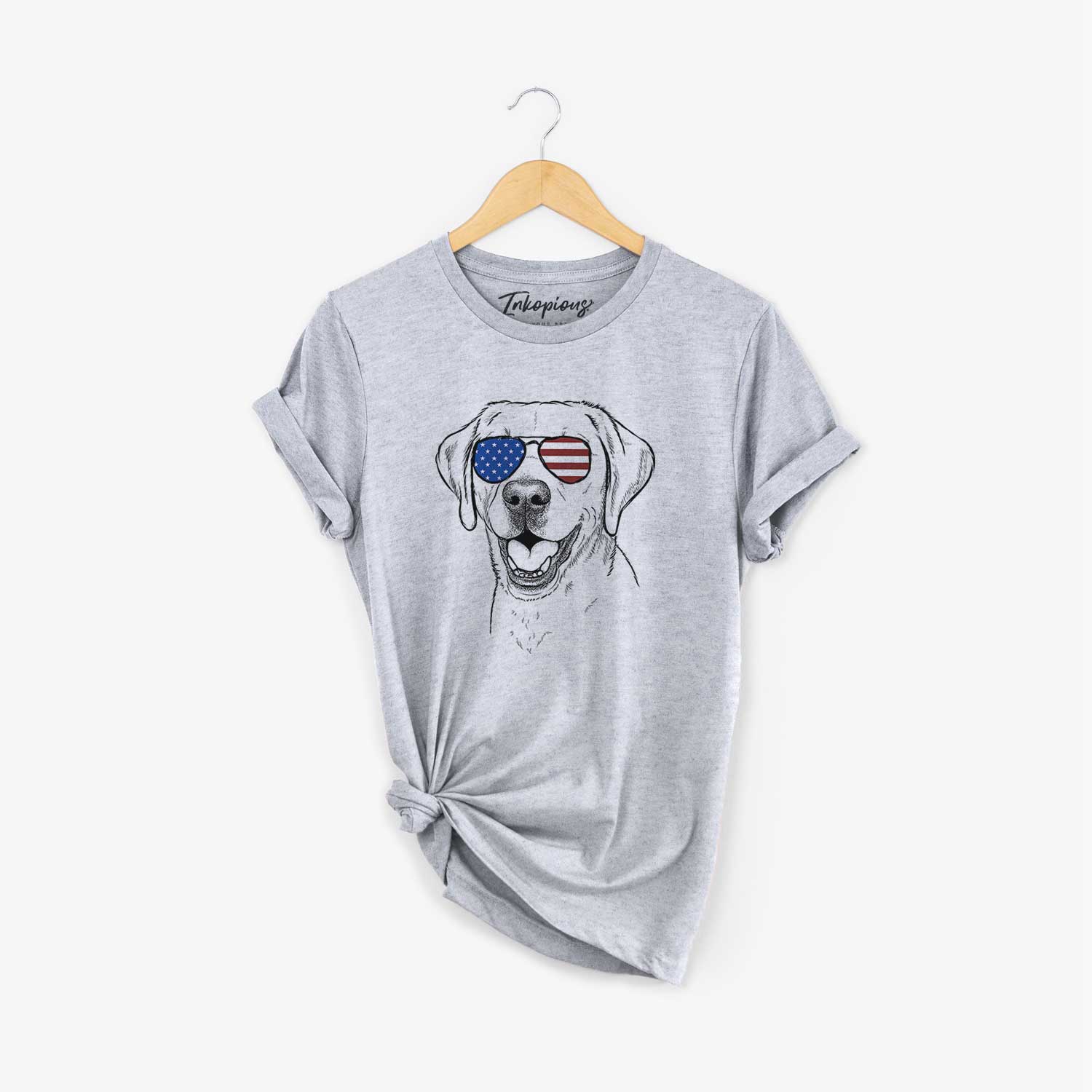 Hand-drawn sketch of Nate the Labrador Retriever wearing American flag sunglasses on a Grey Unisex crewneck