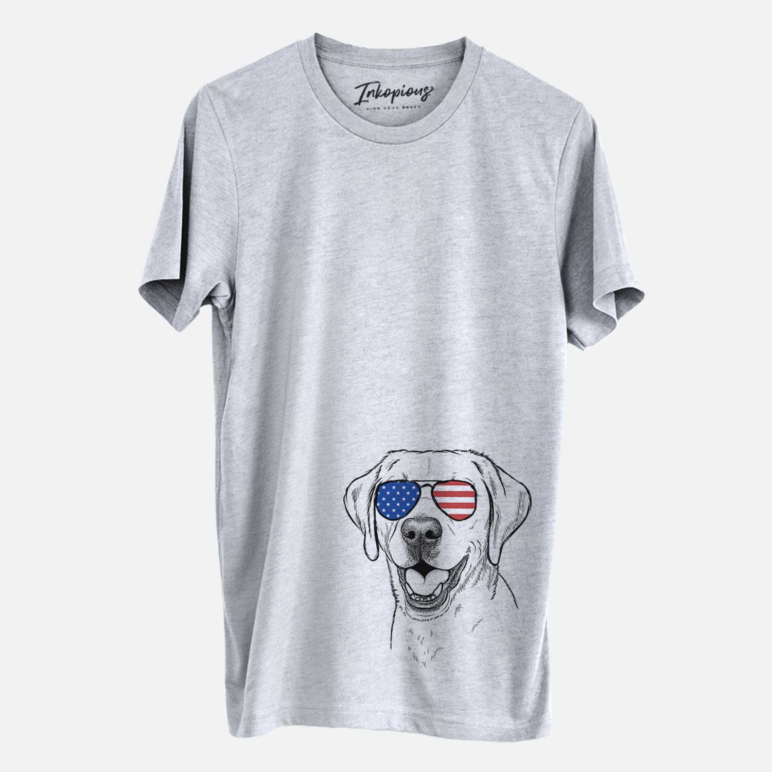 Hand-drawn sketch of Nate the Labrador Retriever wearing American flag sunglasses on a Grey Unisex crewneck