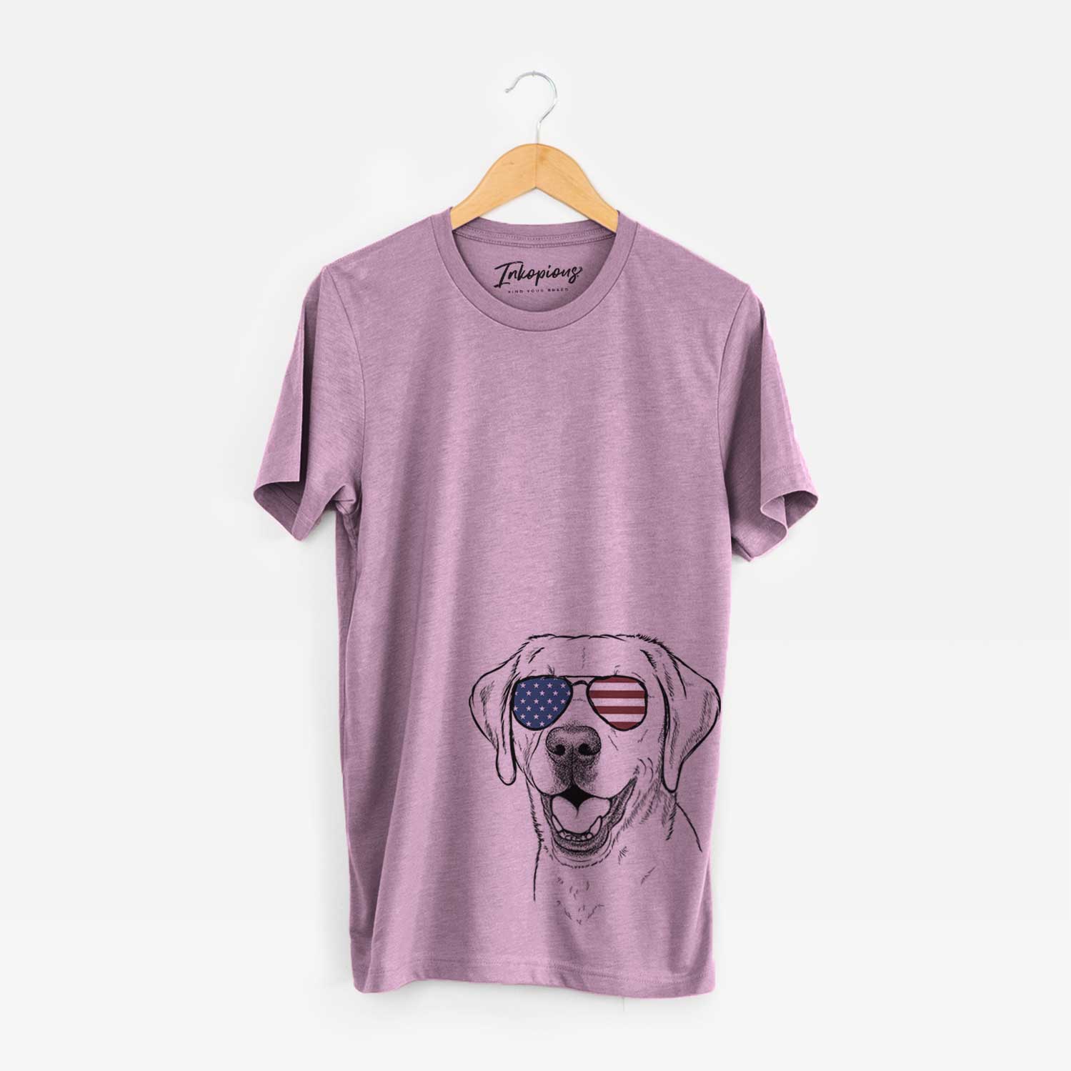 Hand-drawn sketch of Nate the Labrador Retriever wearing American flag sunglasses on an Orchid Unisex crewneck