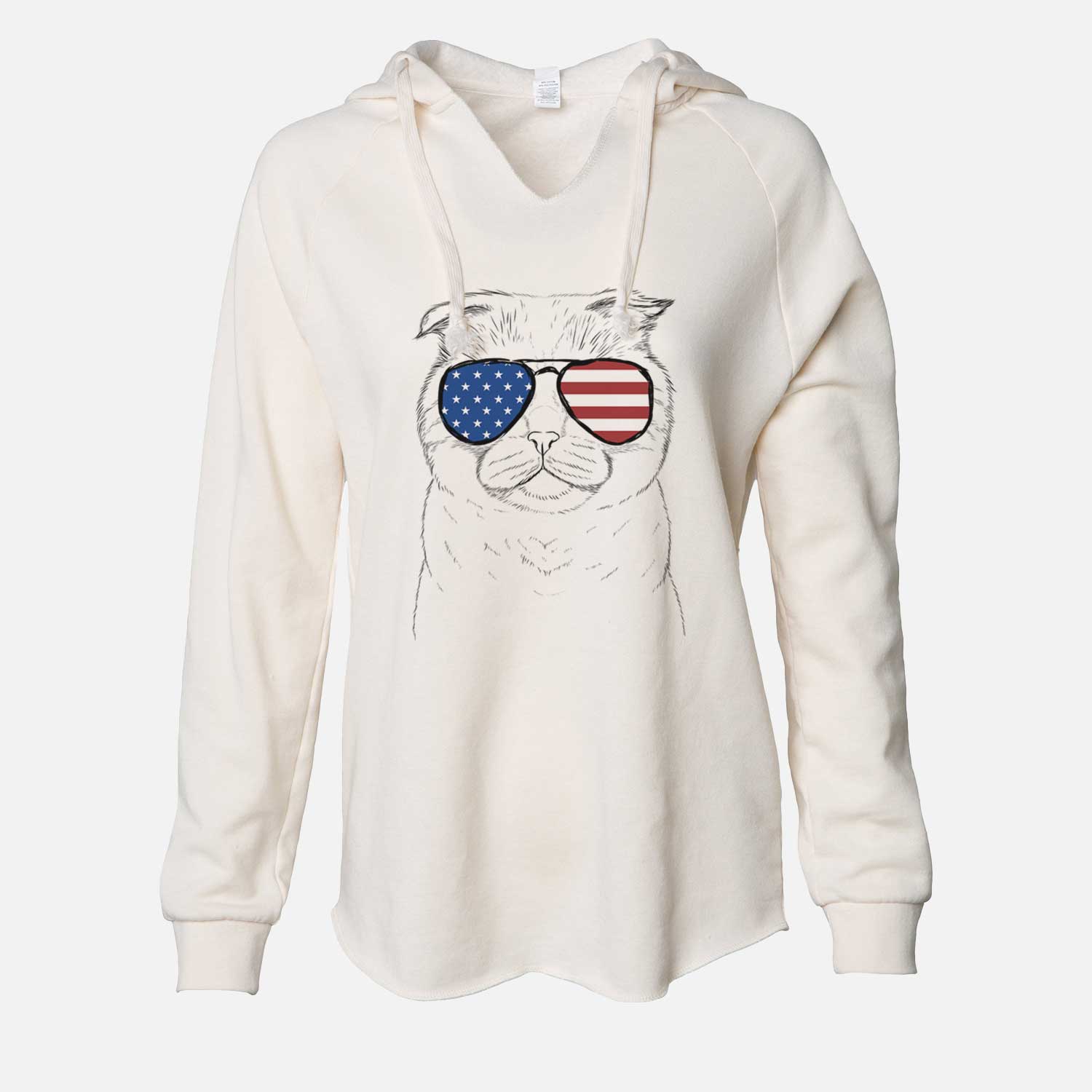 Hand-drawn sketch of Neko the Scottish Fold Cat wearing American flag sunglasses on a Bone Cali Wave Hooded Sweatshirt