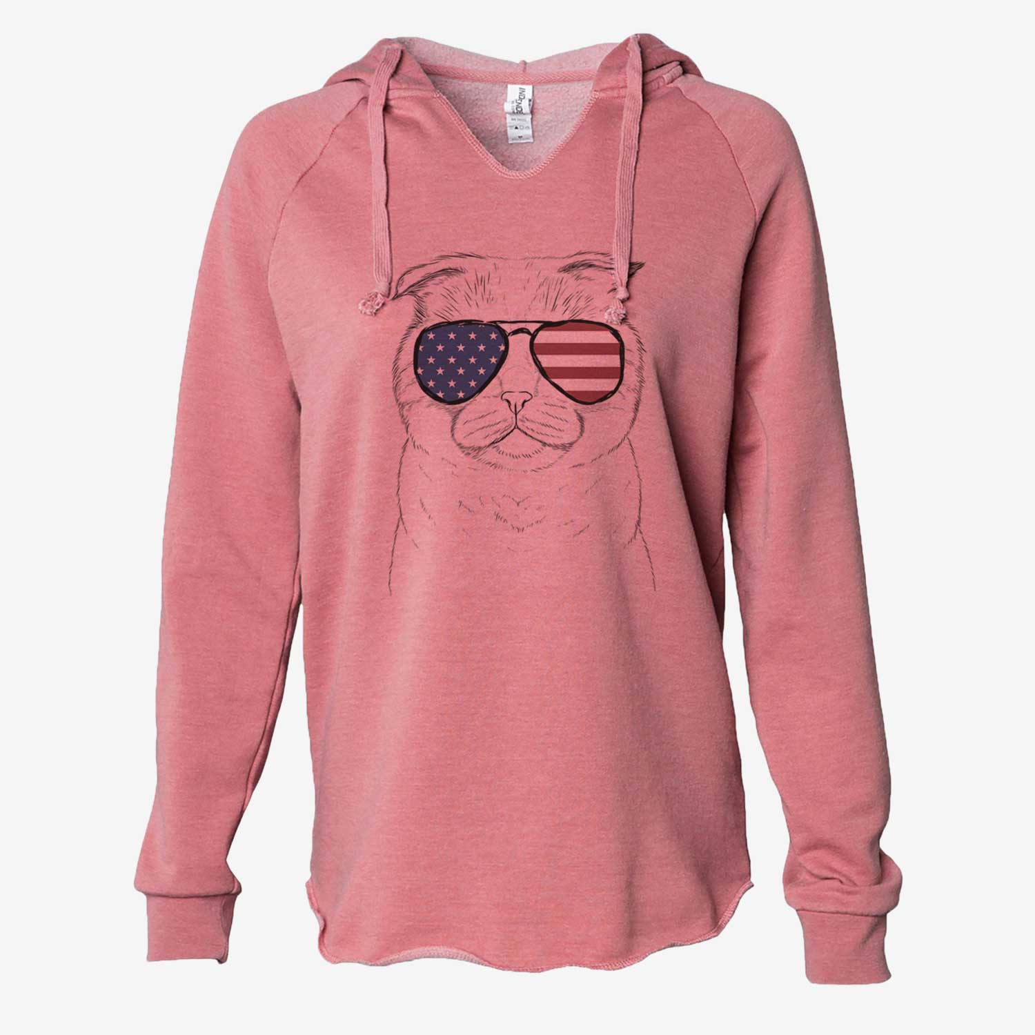 Hand-drawn sketch of Neko the Scottish Fold Cat wearing American flag sunglasses on a Dusty Rose Cali Wave Hooded Sweatshirt